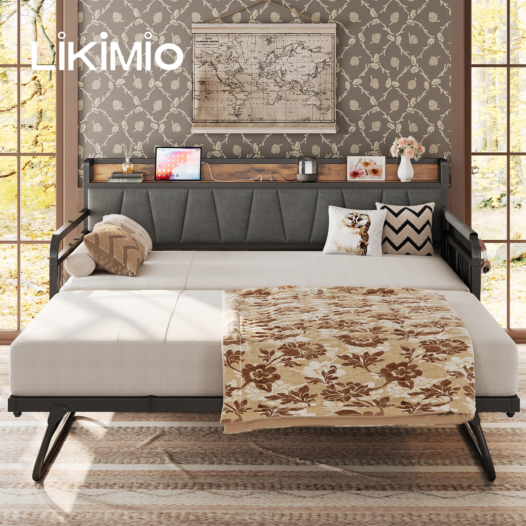 Grey Daybed with Trundle – Twin Sofa Bed with Storage Headboard & Charging Station for Bedroom or Guest Room