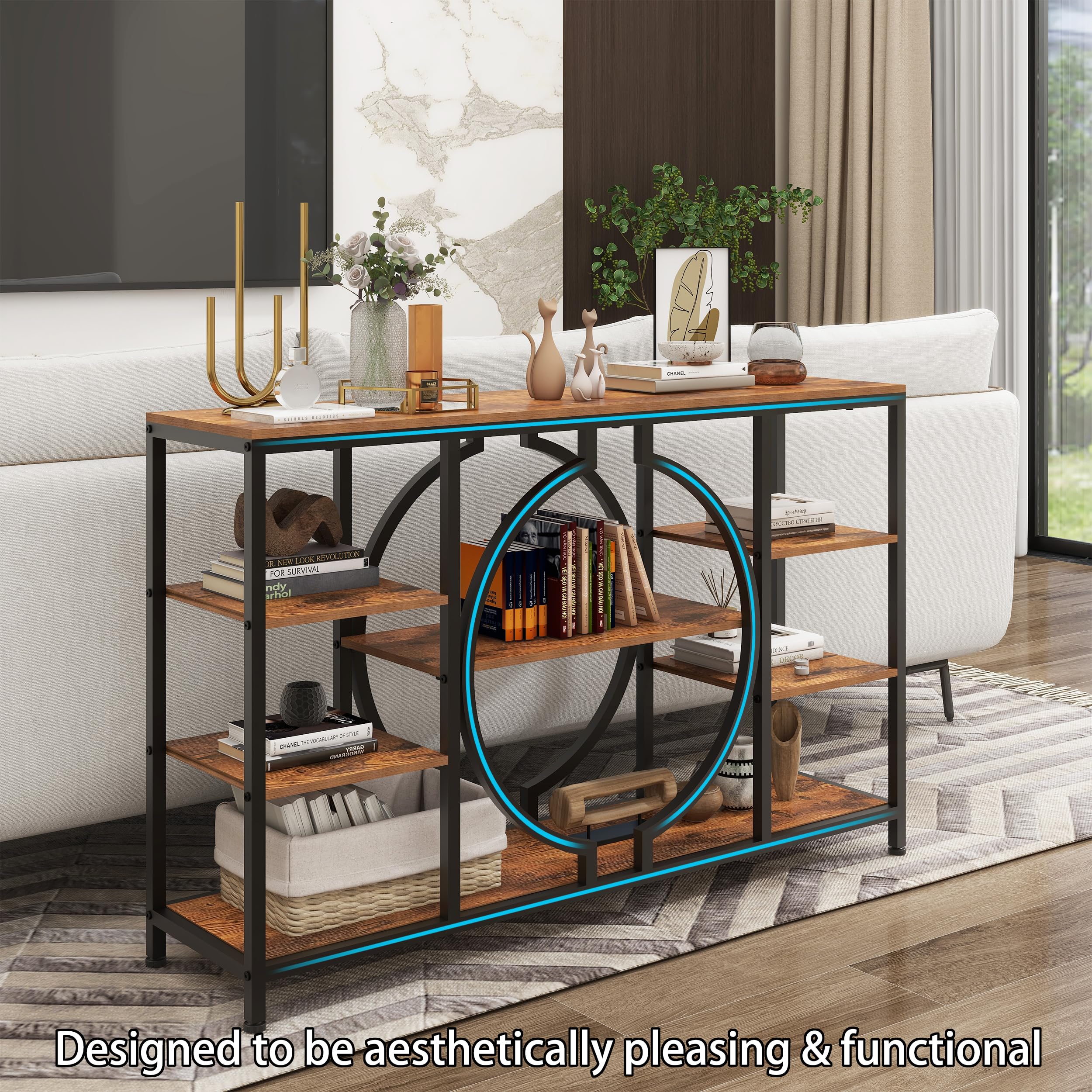 47" Industrial Console Table, Rustic Sofa Table with 4-Tier Wooden Shelves for Entryway, Hallway, Living Room