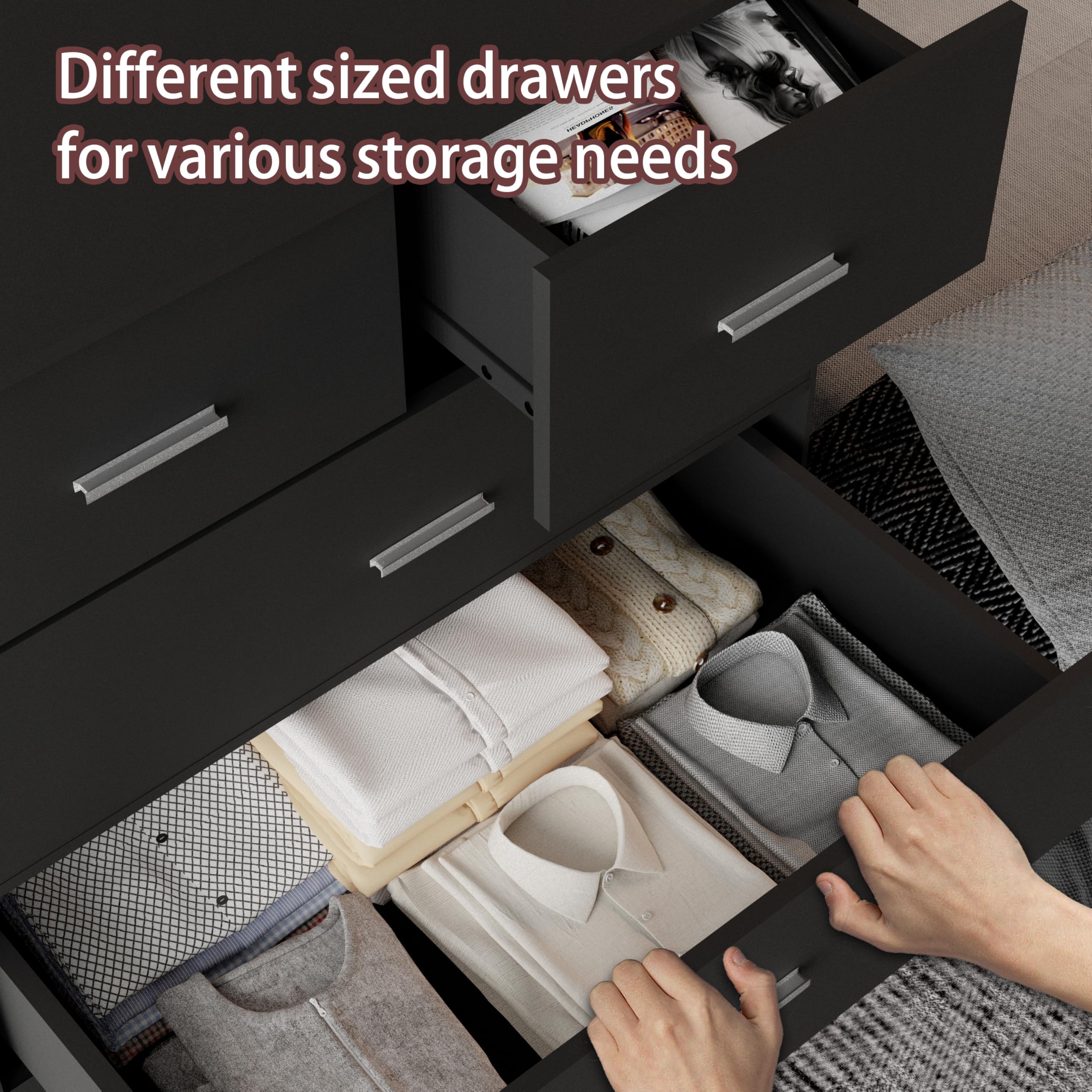 6-Drawer Black Dresser – Wooden Tall Chest with Power Outlets & Smooth Rails, Organizer for Bedroom or Hallway