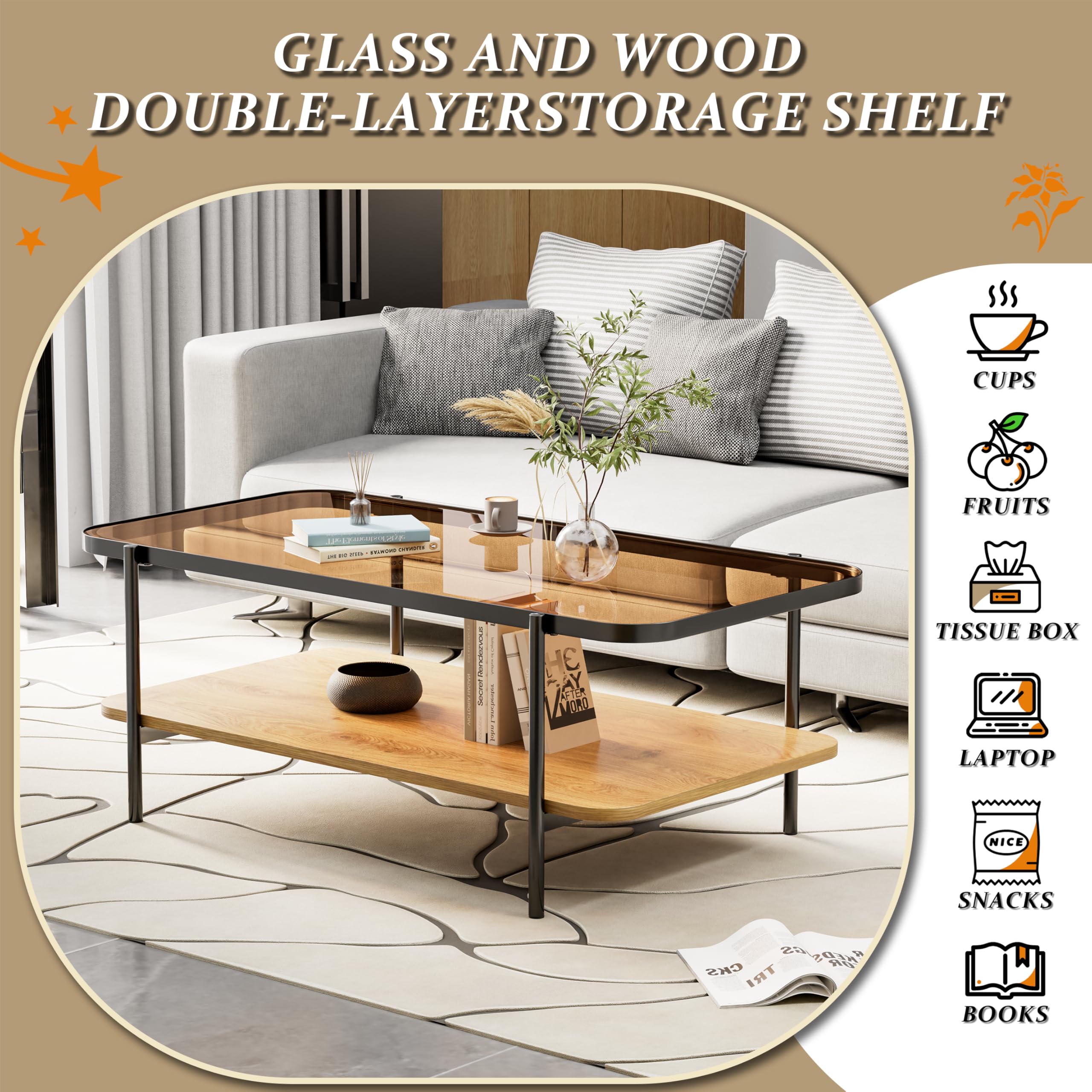 Brown Glass Coffee Table, Modern 2-Tier Table with Metal Legs, Open Storage & Rounded Corners, Rectangular Living Room Table