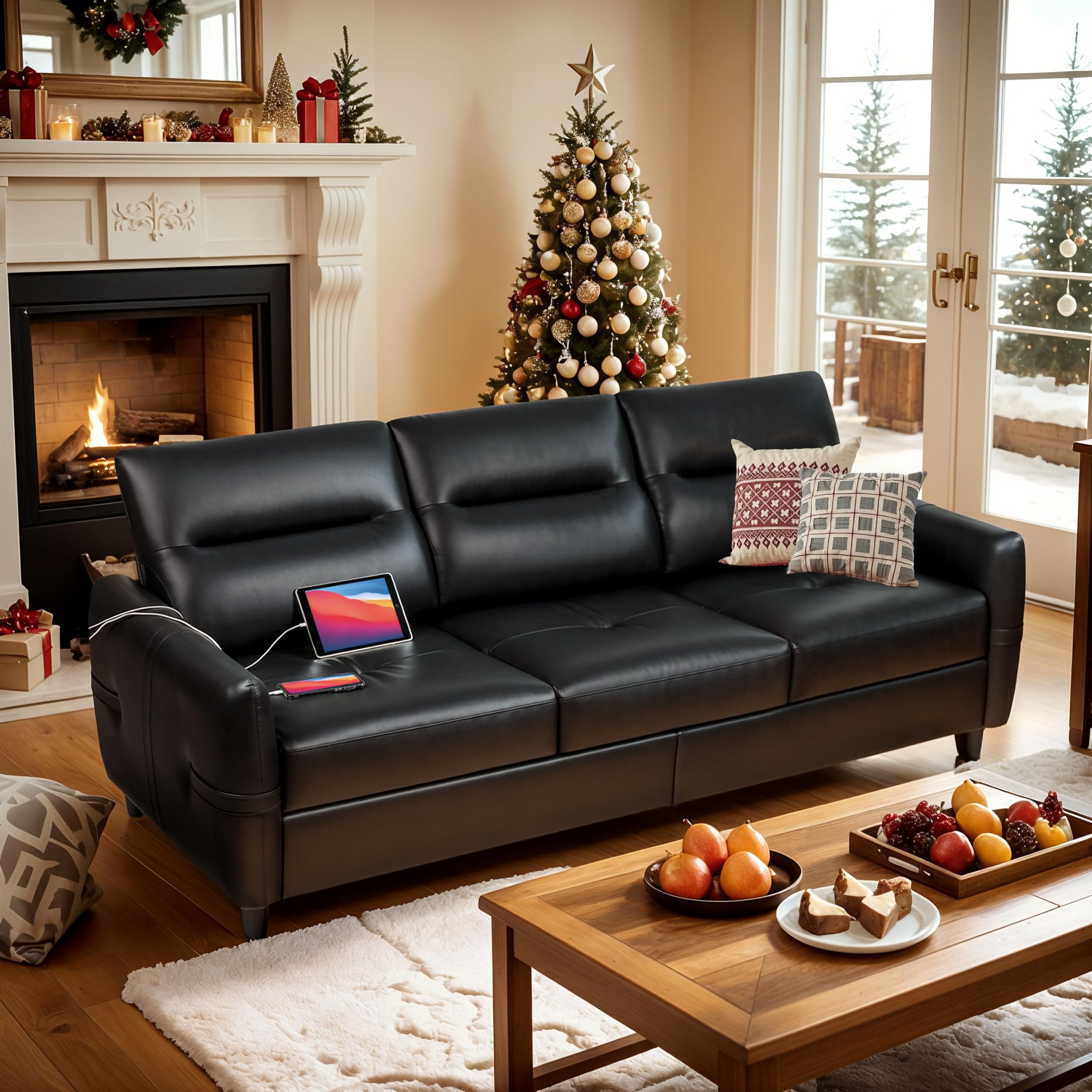 85” Black Faux Leather Couch with USB, Mid-Century 3-Seater Sofa for Living Room, Office, Apartment, Modern Design