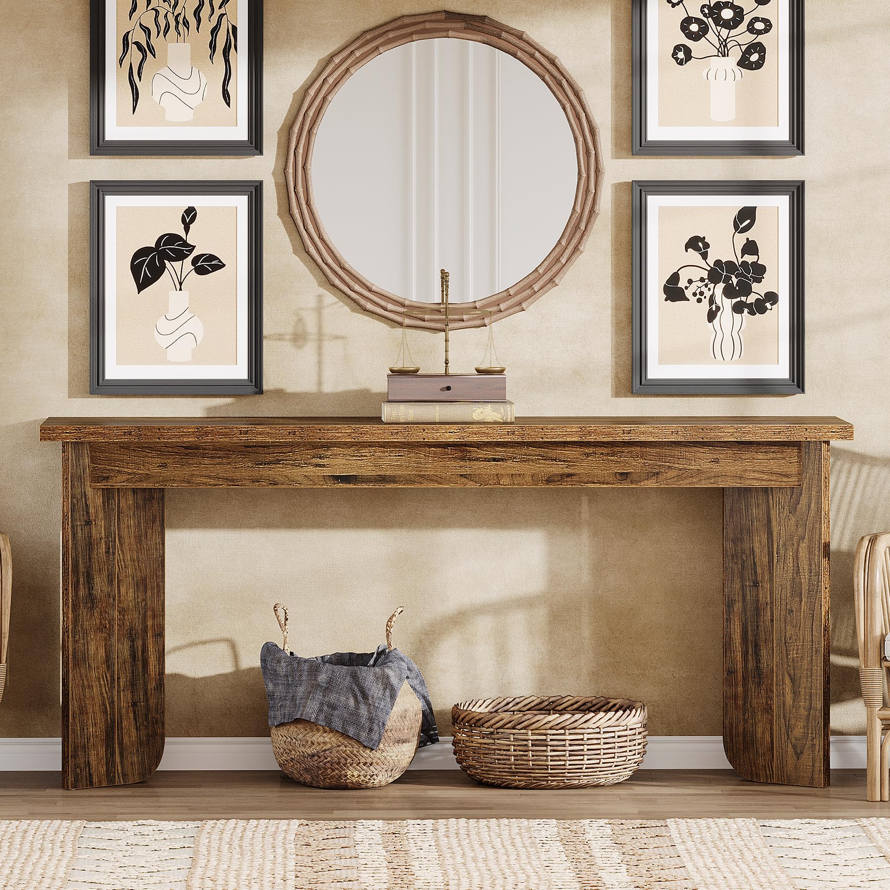 70.9" Extra Long Wooden Console Table, Farmhouse Sofa Table with Wide Top & Double Pedestal for Living Room, Hallway
