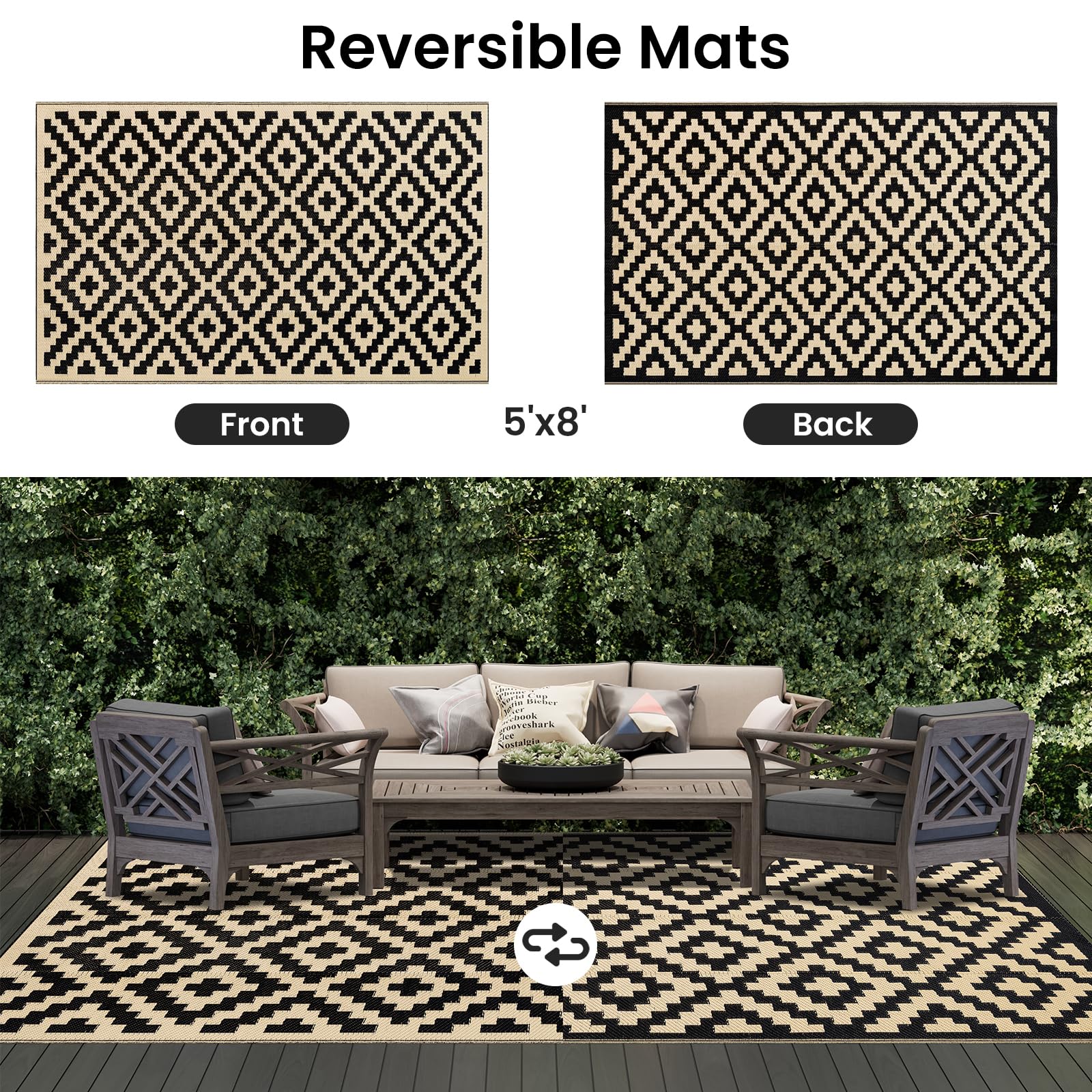 5x8 ft Reversible Outdoor Rug – Waterproof Plastic Straw Mat for Patio, Camping, RV, Deck, Entryway, Black & Beige