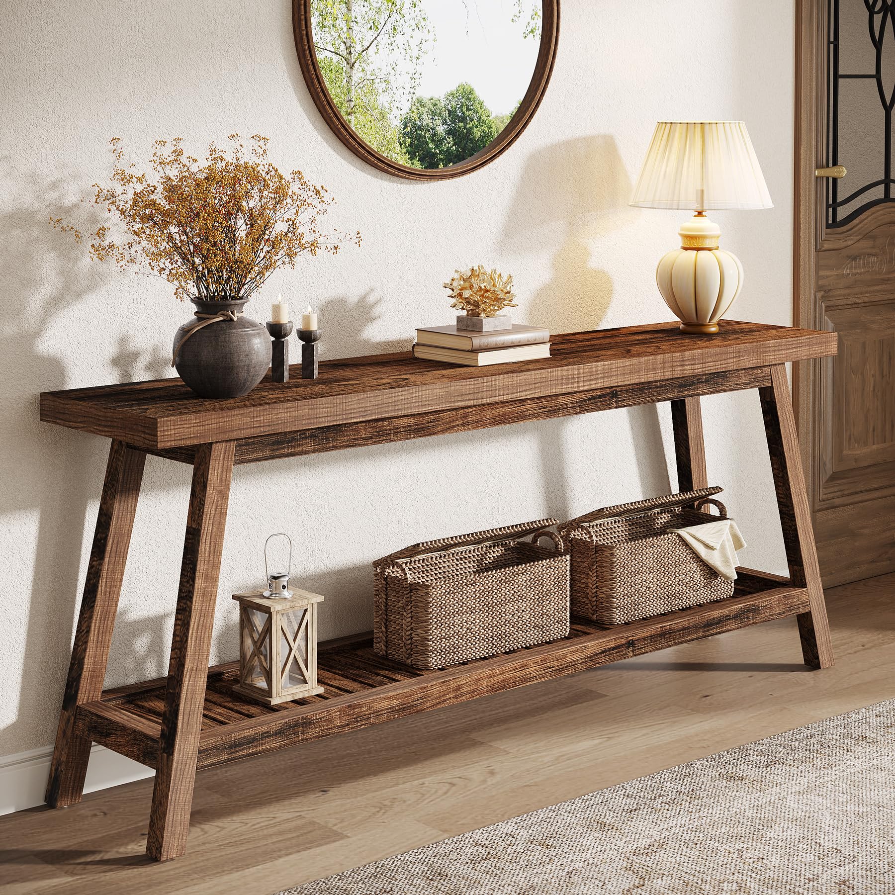 70.86" Farmhouse Console Table, 2-Tier Extra Long Entryway Sofa Table Behind Couch for Hallway, Rustic Brown