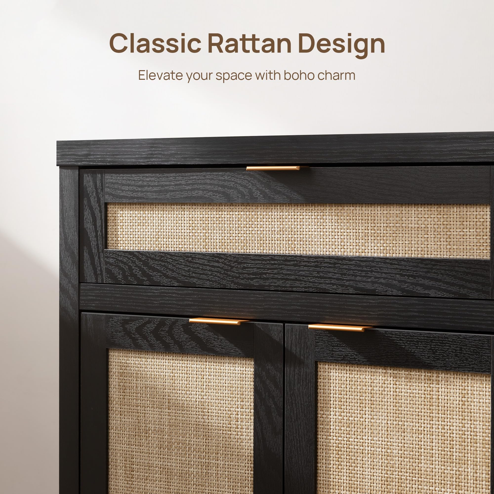 FURNIXI Sideboard Buffet Storage Cabinet Set of 2, Black Rattan Credenza Console with Drawer & Doors, Coffee Bar for Entryway Kitchen