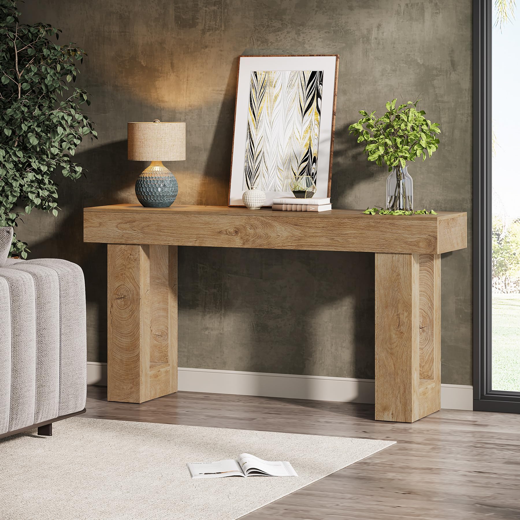 63" Long Wooden Console Table, Farmhouse Sofa Table for Entryway or Hallway, Rectangular Behind Couch Table, Natural