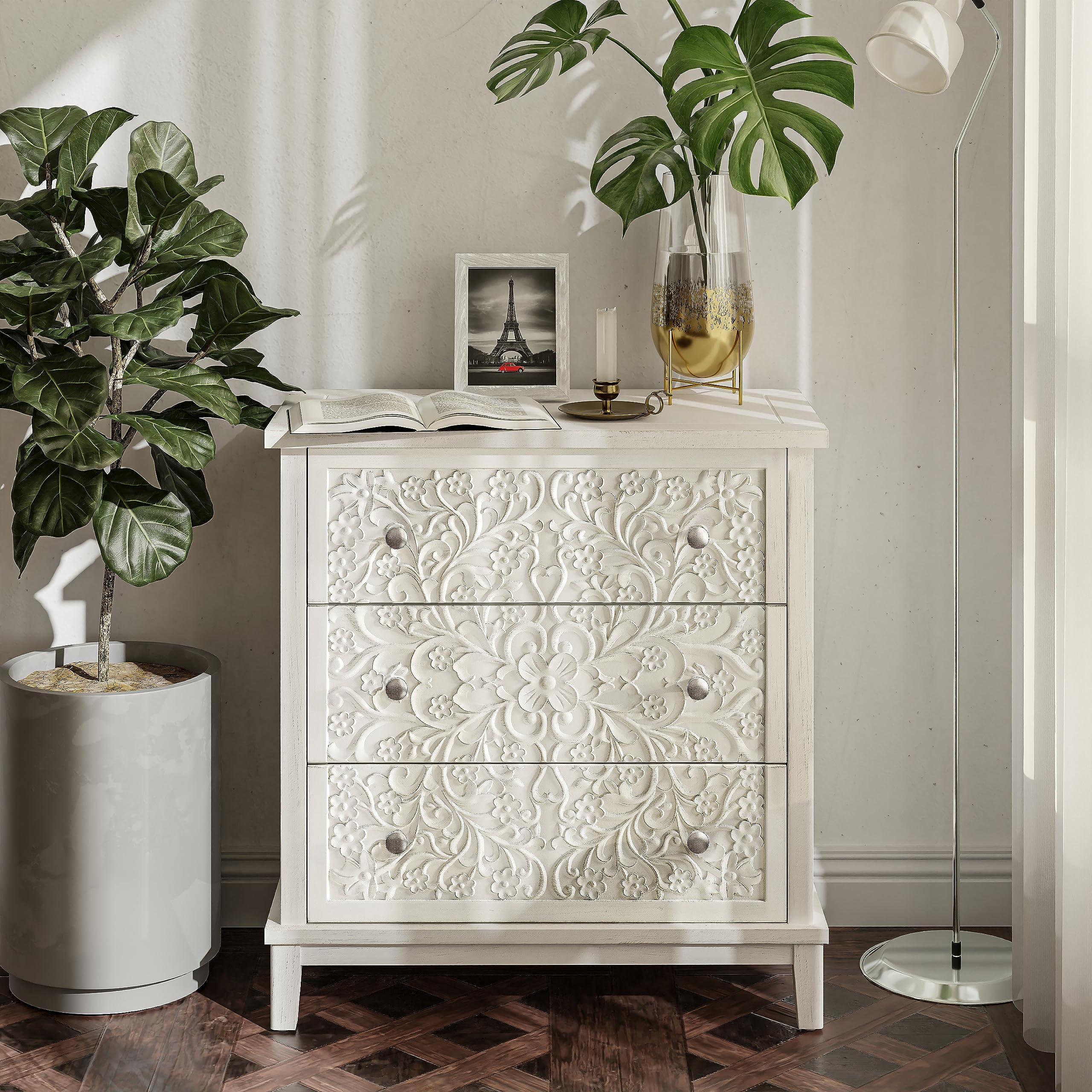Fully-Assembled 3-Drawer White-Washed Dresser with Flower Motif, Rustic French Country Accent Chest for Bedroom, Hallway