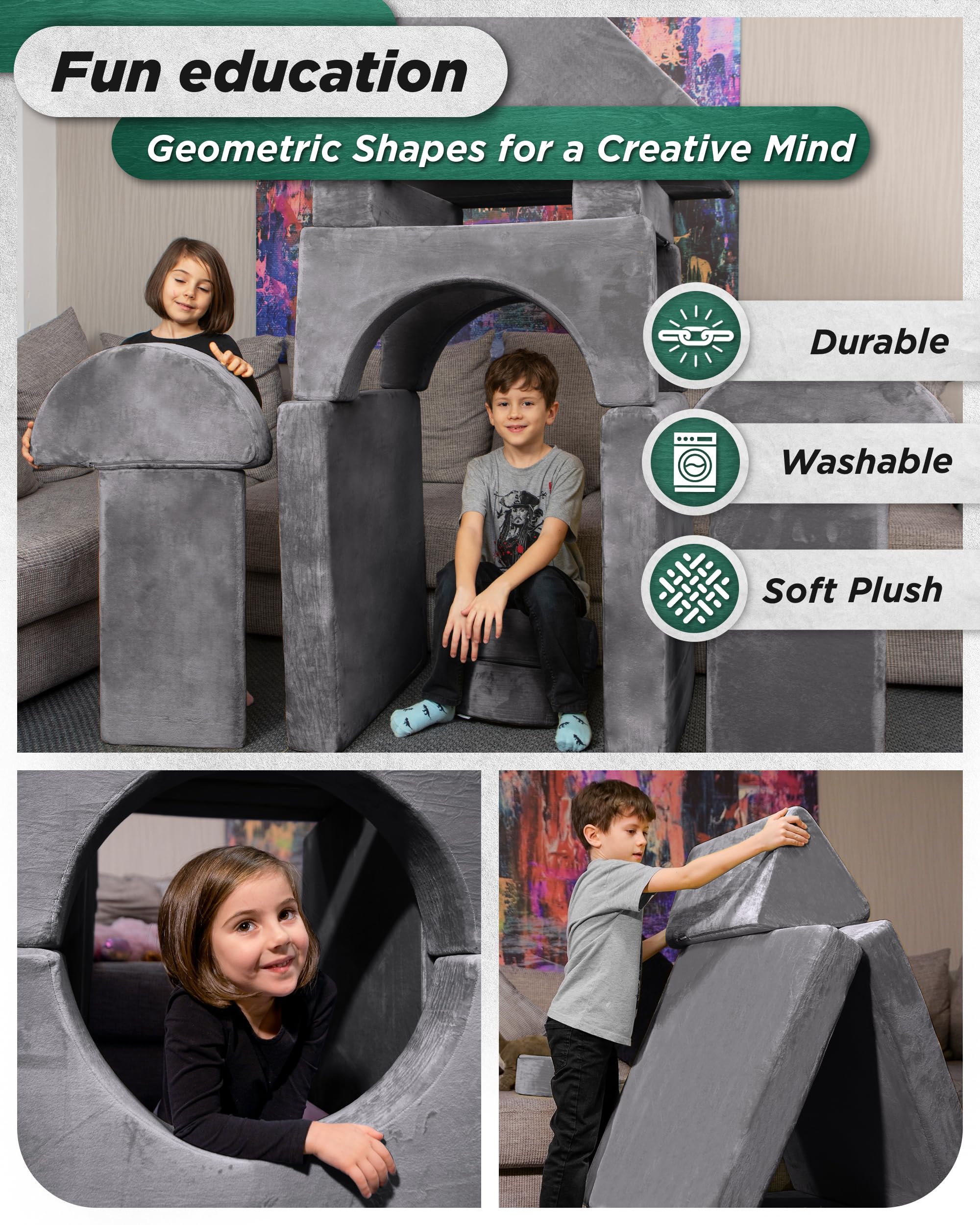 LX15 Modular 14pcs Kids Play Couch, Convertible Foam Sofa Fort for Playroom, Toddler Furniture, Steel Gray