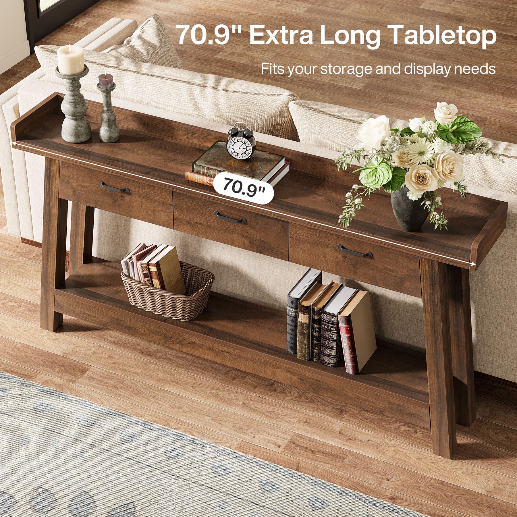 70.9" Farmhouse Console Table with 3 Drawers, 2-Tier Entryway Sofa Table with Raised Baffle & Storage, Rustic Brown