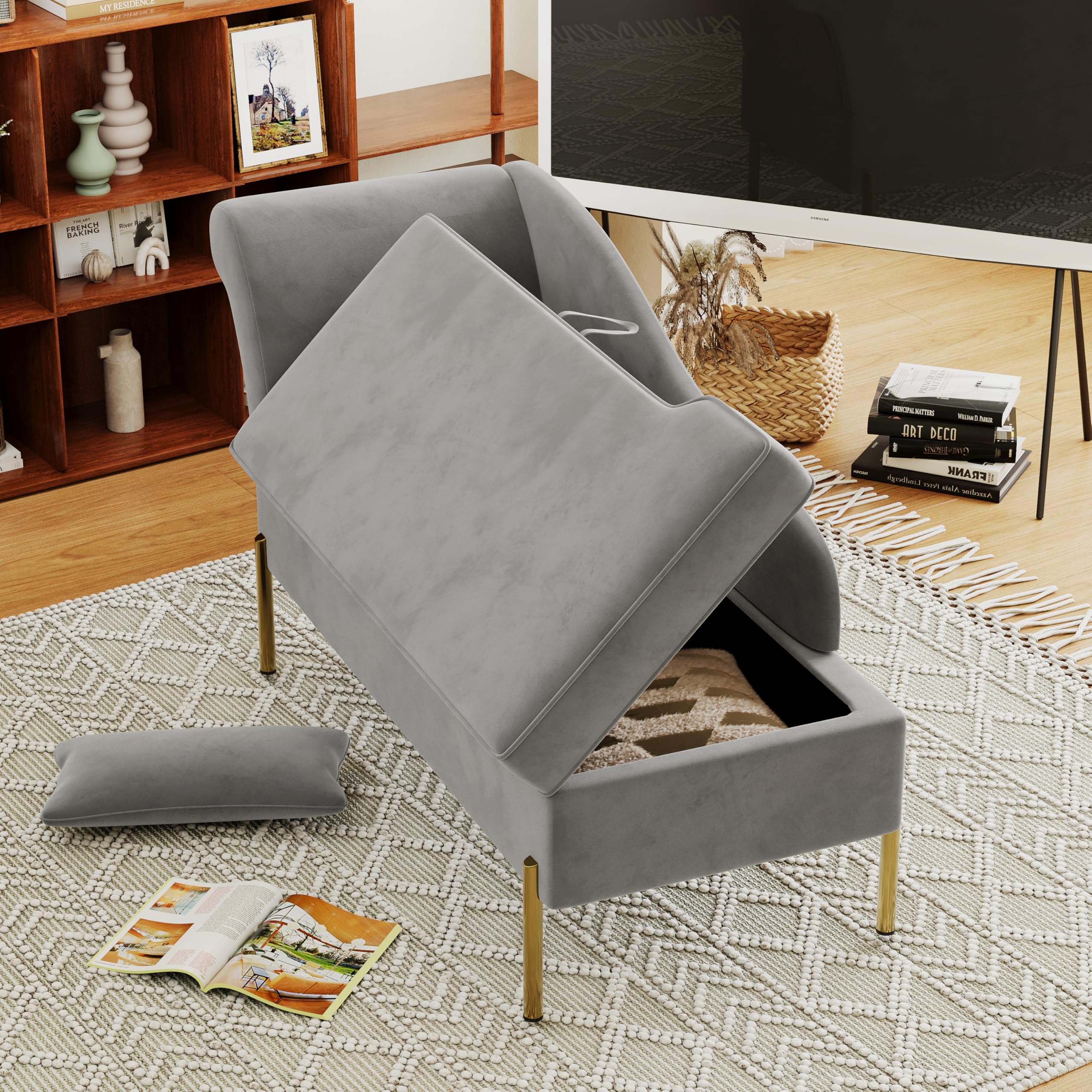 Velvet Chaise Lounge with Storage, Modern Upholstered Tufted Chaise Lounge Chair Indoor Sofa Recliner Couch for Bedroom Office Living Room - Velvet Light Grey (Left Armrest)