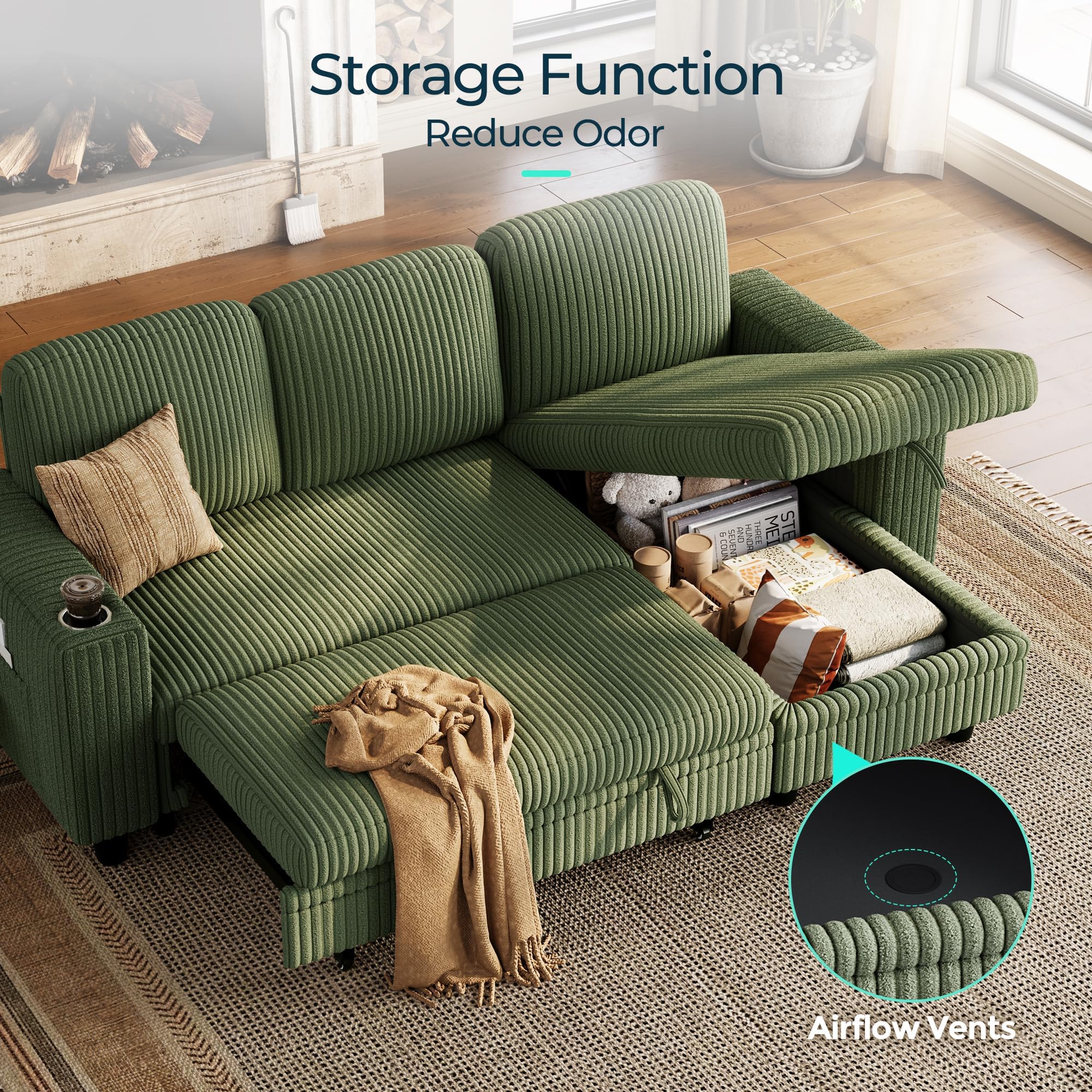 Convertible Sleeper Sofa with Storage Chaise, Corduroy Pull-Out Couch Bed with USB, L-Shaped Modular Sofa, Green