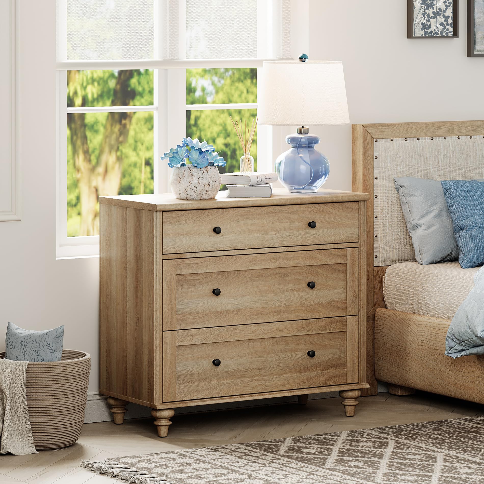 34” Oak Farmhouse Nightstand Set of 2, Large 3-Drawer Wood Bedside Tables for Living Room or Bedroom