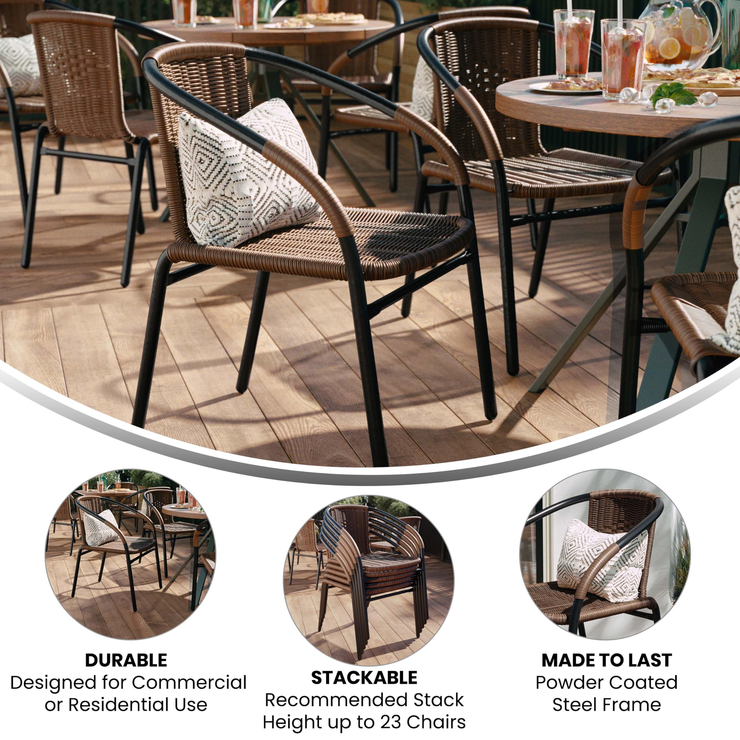 FURNIXI Set of 4 Stackable Rattan Bistro Chairs, Modern Brown Indoor/Outdoor Patio Dining Chairs for Restaurant