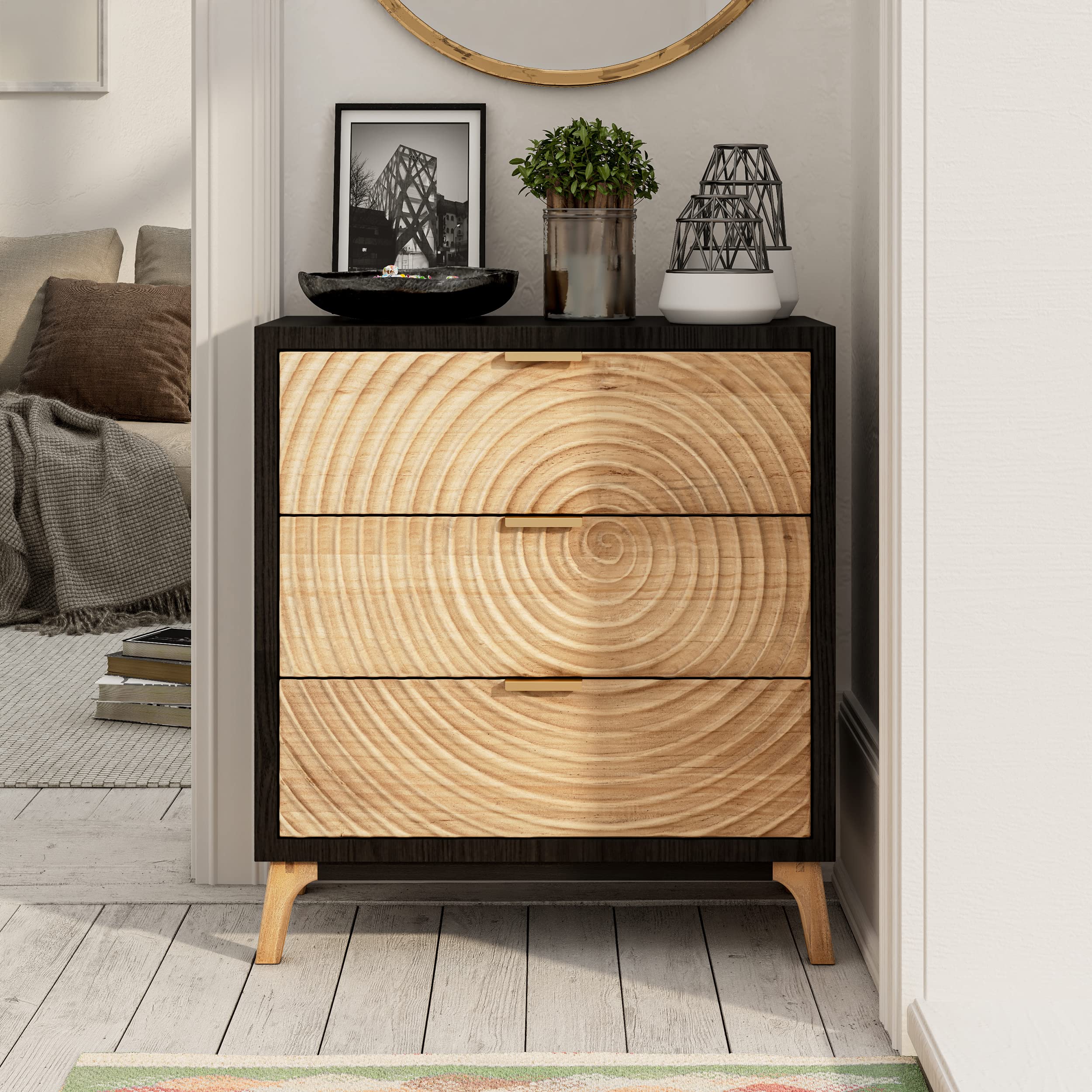 Black 3-Drawer Farmhouse Dresser, Rustic Nightstand with Handcrafted Wood Ring Motif for Bedroom, Fully-Assembled