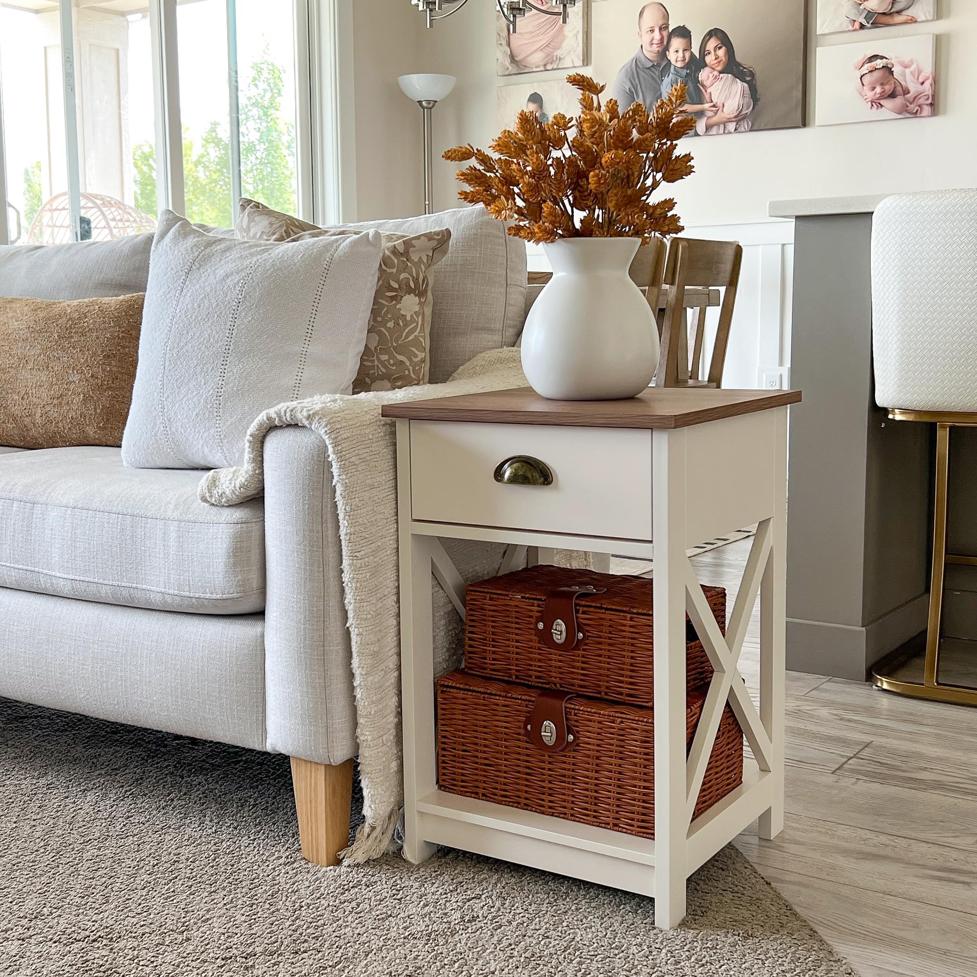 Ivory White Farmhouse End Table Set of 2, Small Bedside Tables for Bedroom or Living Room Use