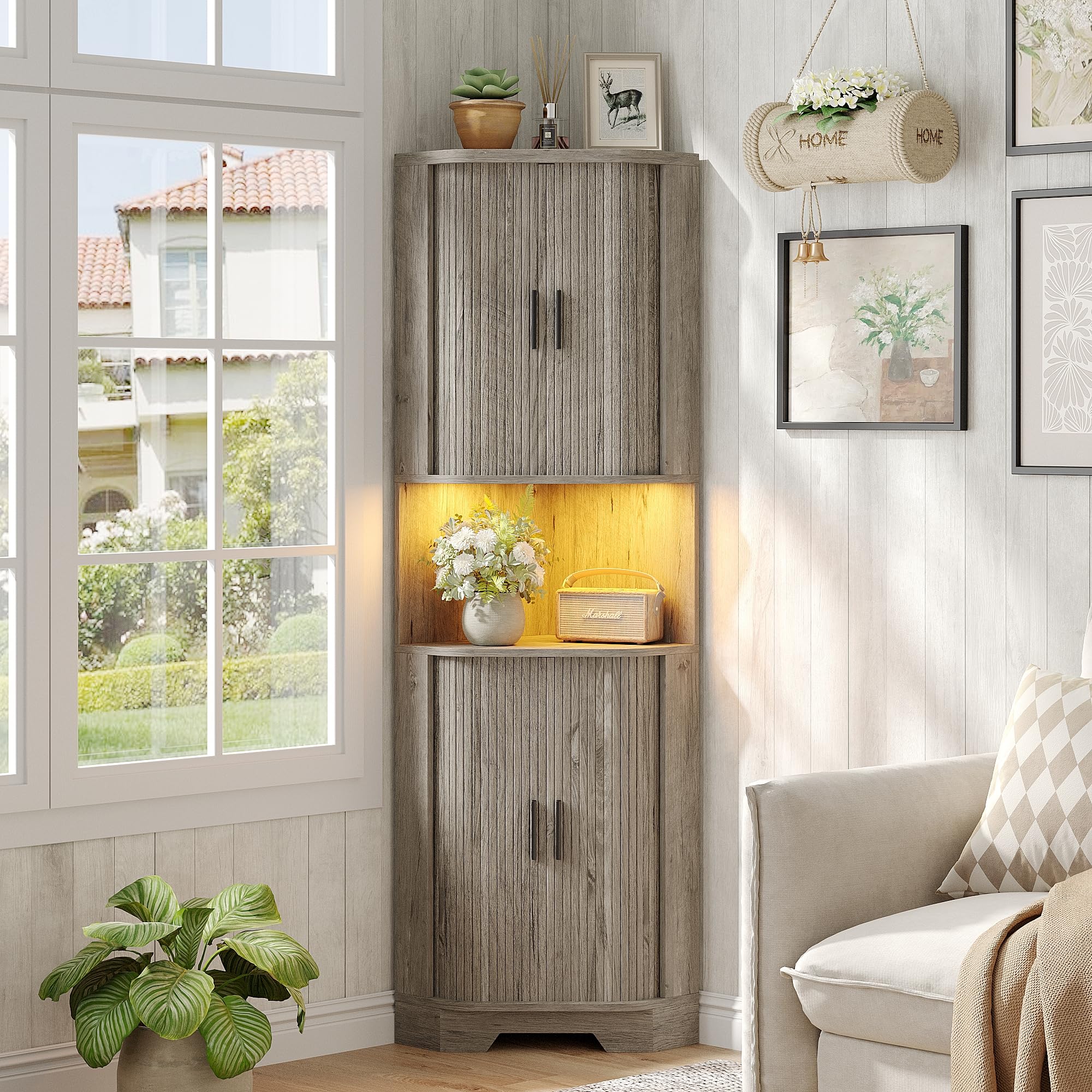 65" Farmhouse Tall Corner Cabinet with Tambour Sliding Doors, 5 Shelves & LED Light, Space Saver for Kitchen or Laundry