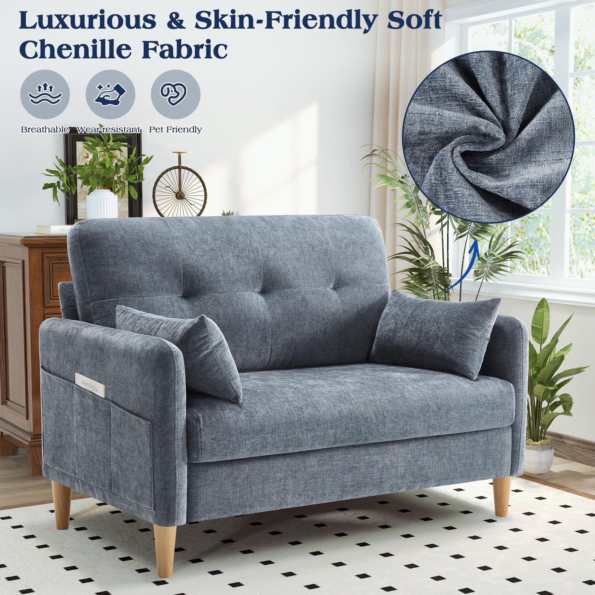 47" Loveseat Sofa – Small Chenille Couch with Removable Cushion Cover & Throw Pillow for Bedroom or Apartment