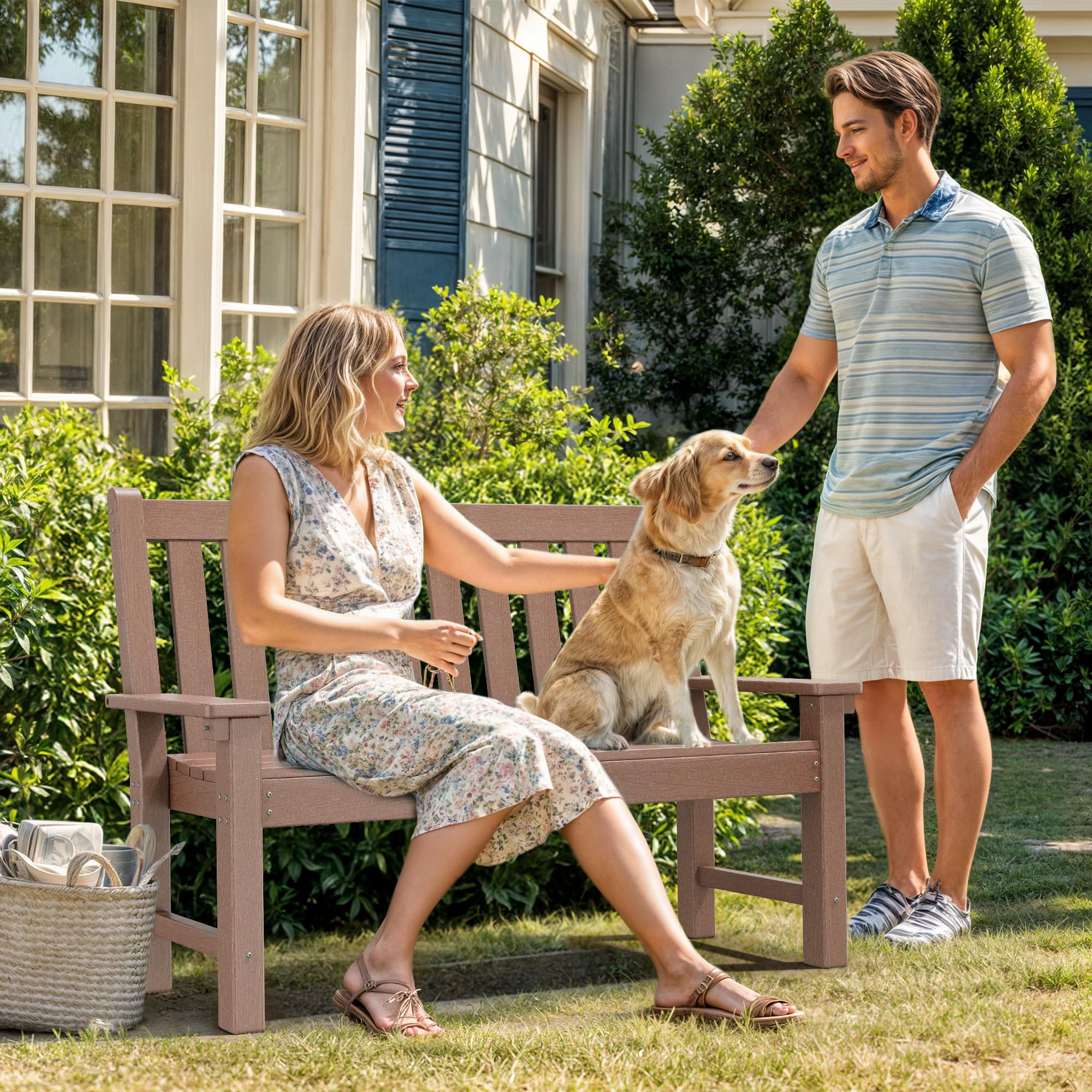 Brown HDPE Garden Bench, All-Weather Outdoor Seating, 2-3 Person Patio Bench Fade and Rot Resistant