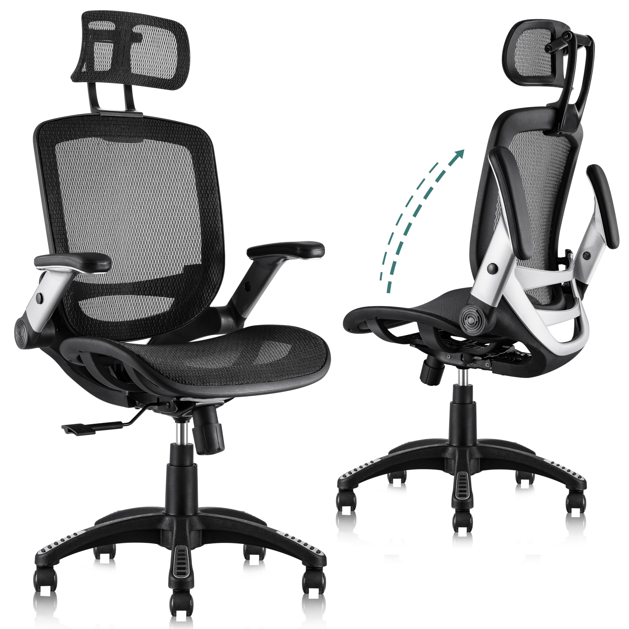 High Back Ergonomic Office Chair with Headrest, Flip-Up Arms, Wide Seat, Tilt Lock, Mesh Chair, Black