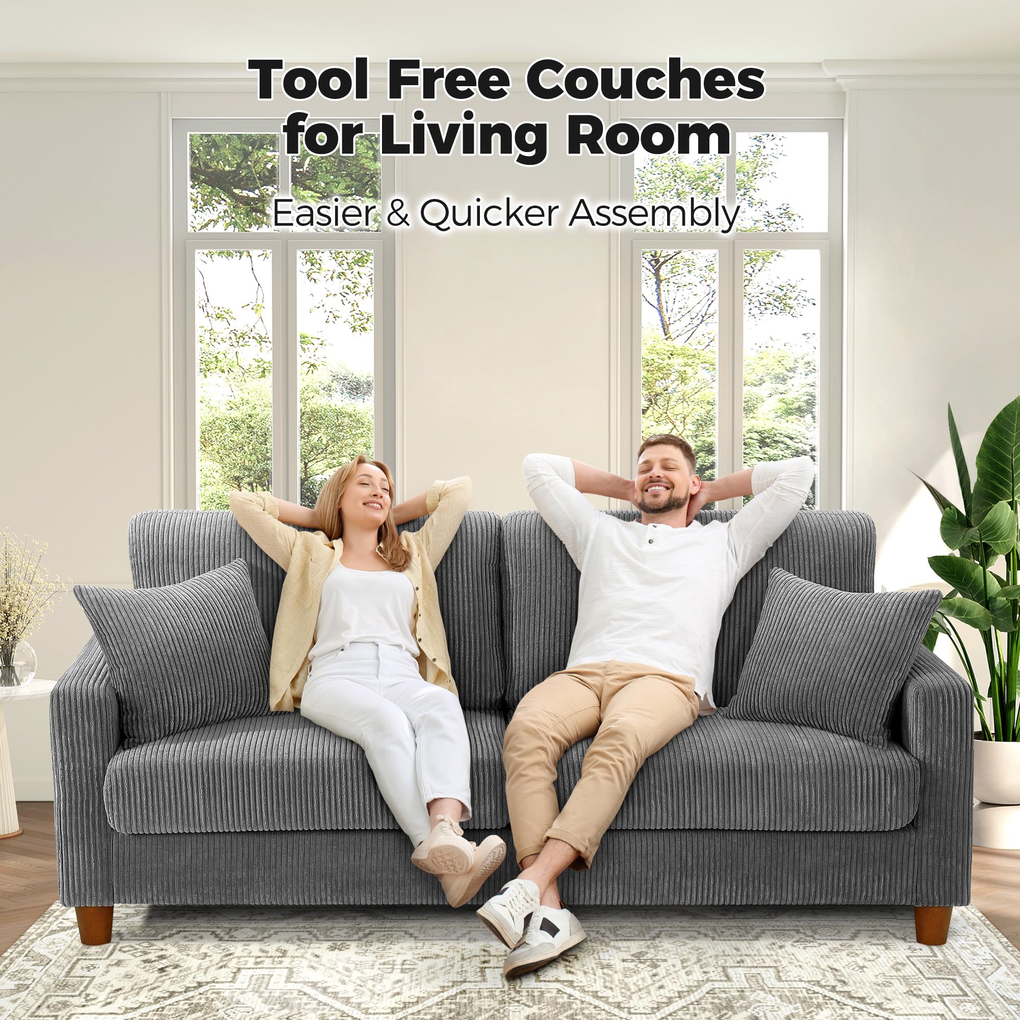 70in Grey Sofa with 21in Deep Seats, Tool-Free Comfy Corduroy Loveseat with Pillows for Bedroom, Living Room, Apartment