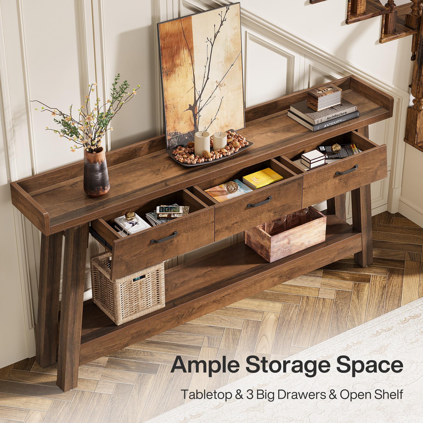 70.9" Farmhouse Console Table with 3 Drawers, 2-Tier Entryway Sofa Table with Raised Baffle & Storage, Rustic Brown