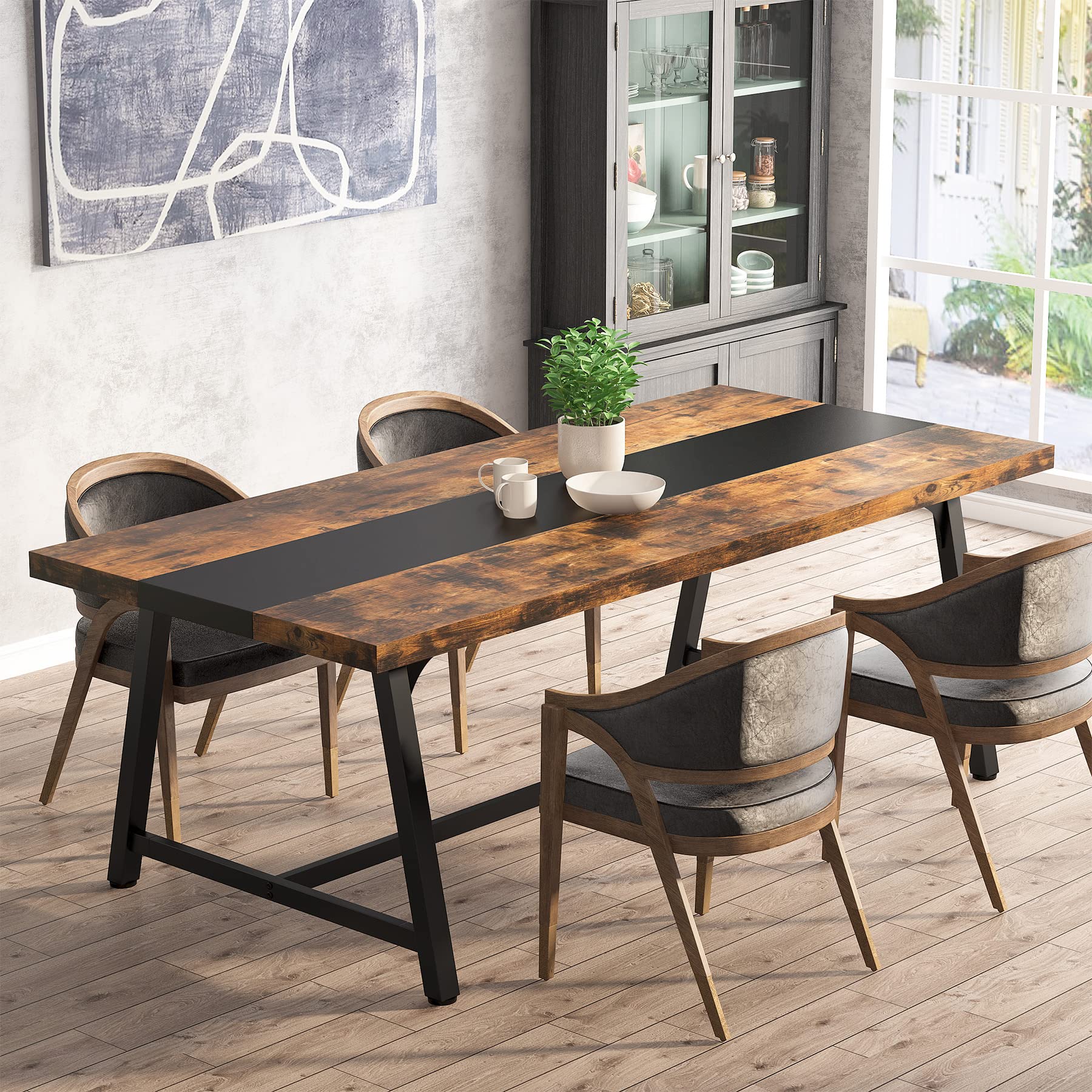 70.87" Industrial Dining Table, Large Rustic Brown Wood Kitchen Table with Metal Frame for Big Families