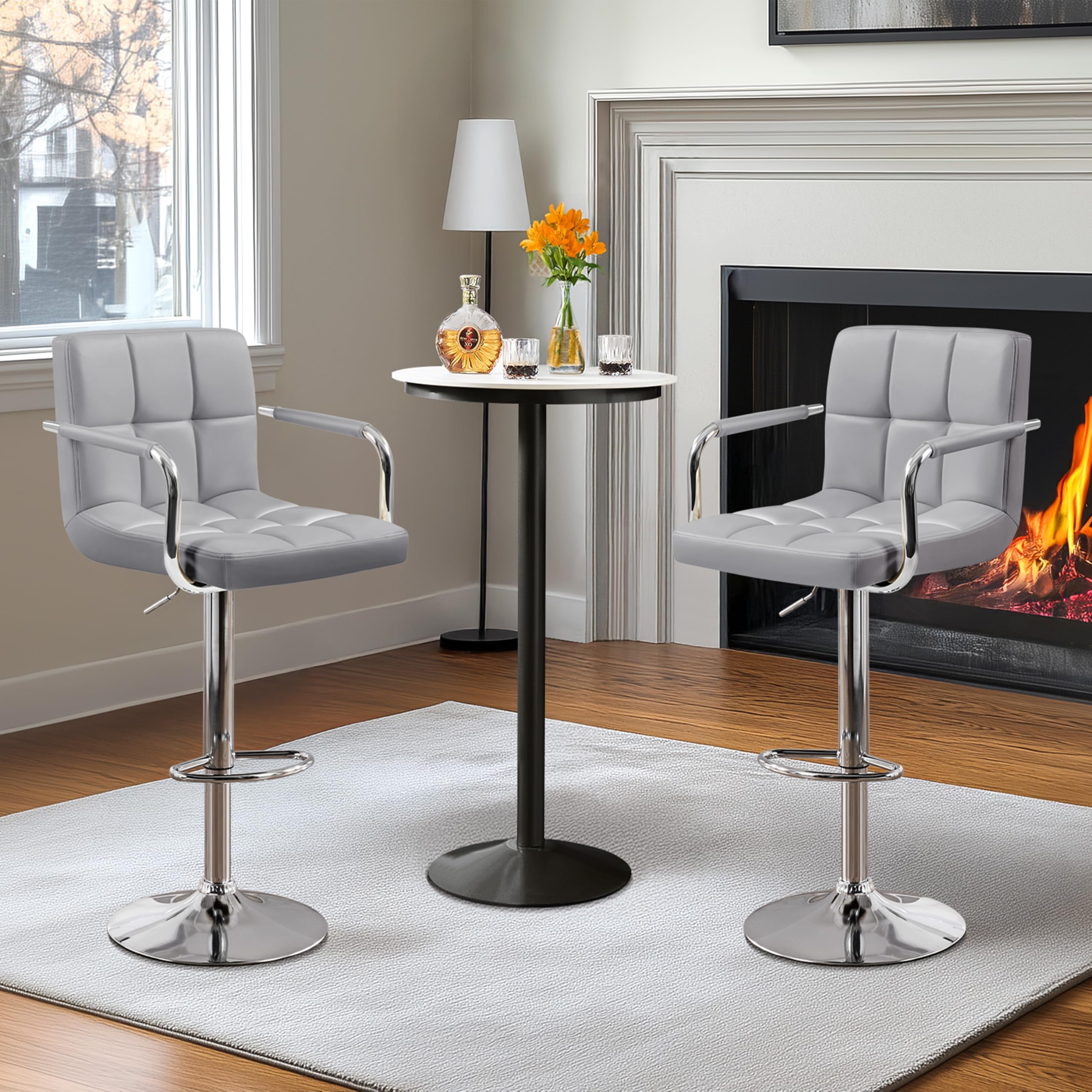 Bar Stools Set of 2, PU Leather Adjustable Swivel Bar Chairs with Back & Armrest, Counter Height Stools for Kitchen, Light Grey