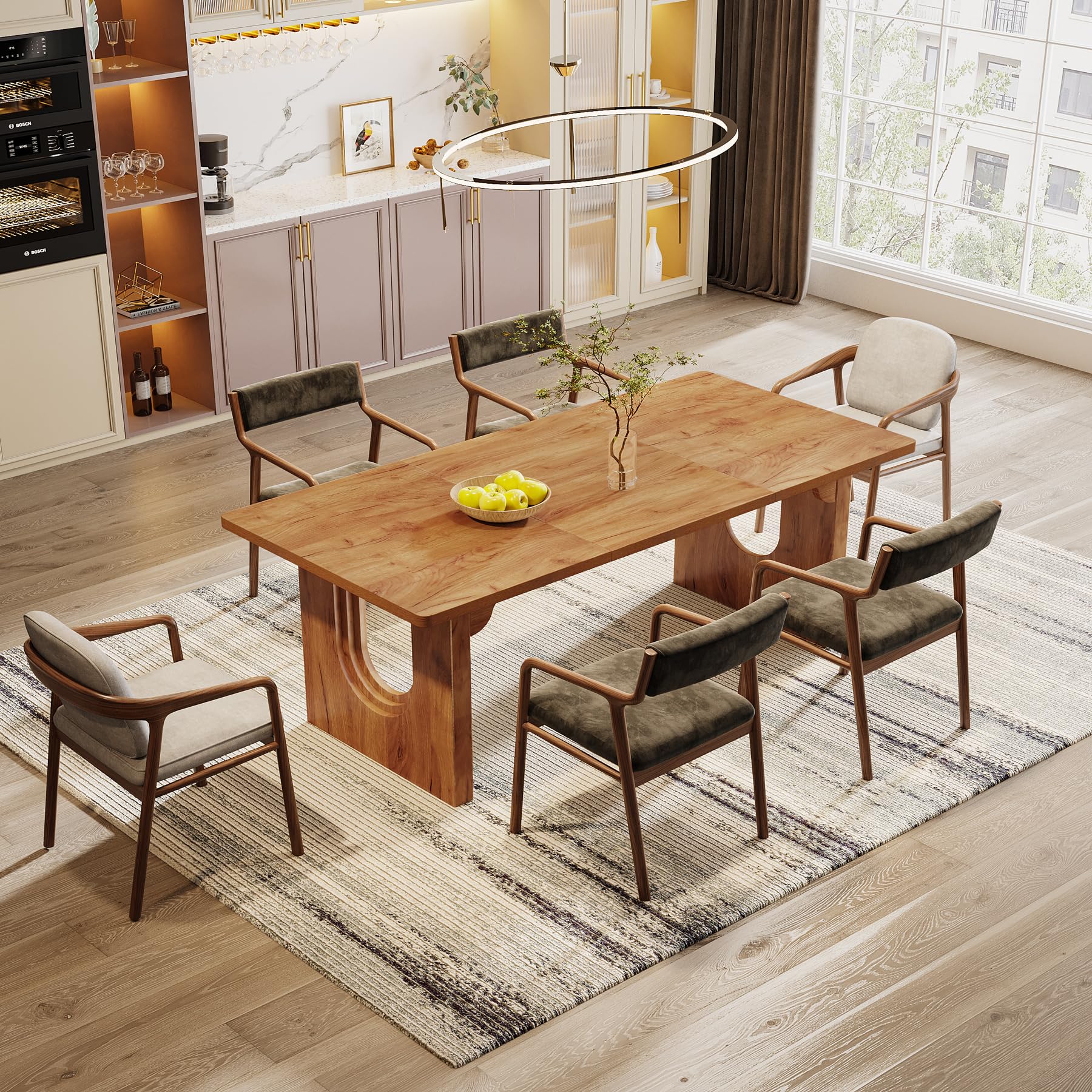 71" Large Dining Table for 6-8, Rustic Brown Rectangular Table with Wood Pedestal for Kitchen or Living Room