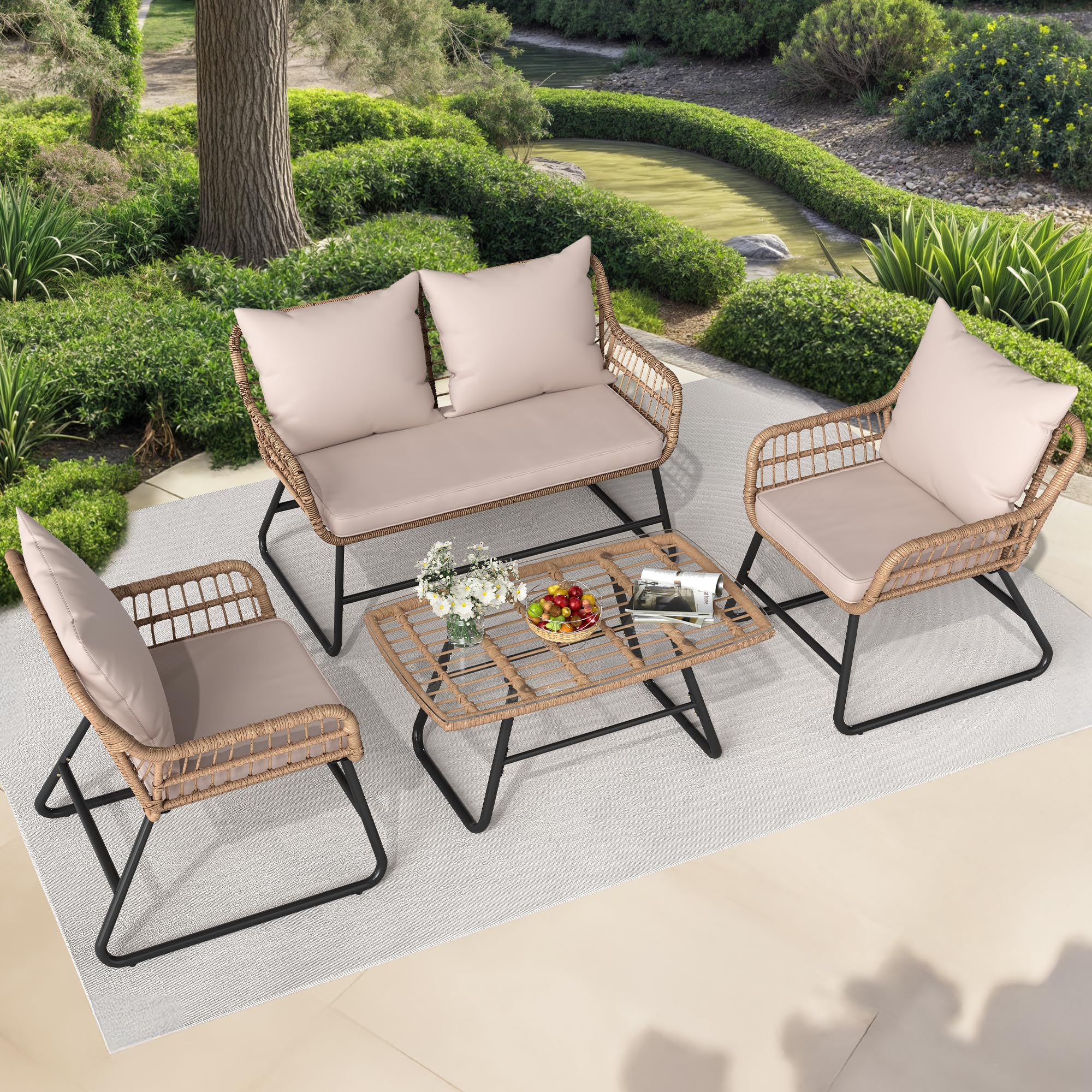 4-Piece Rattan Patio Set – Beige Outdoor Furniture with Soft Cushions & Side Table for Balcony or Backyard