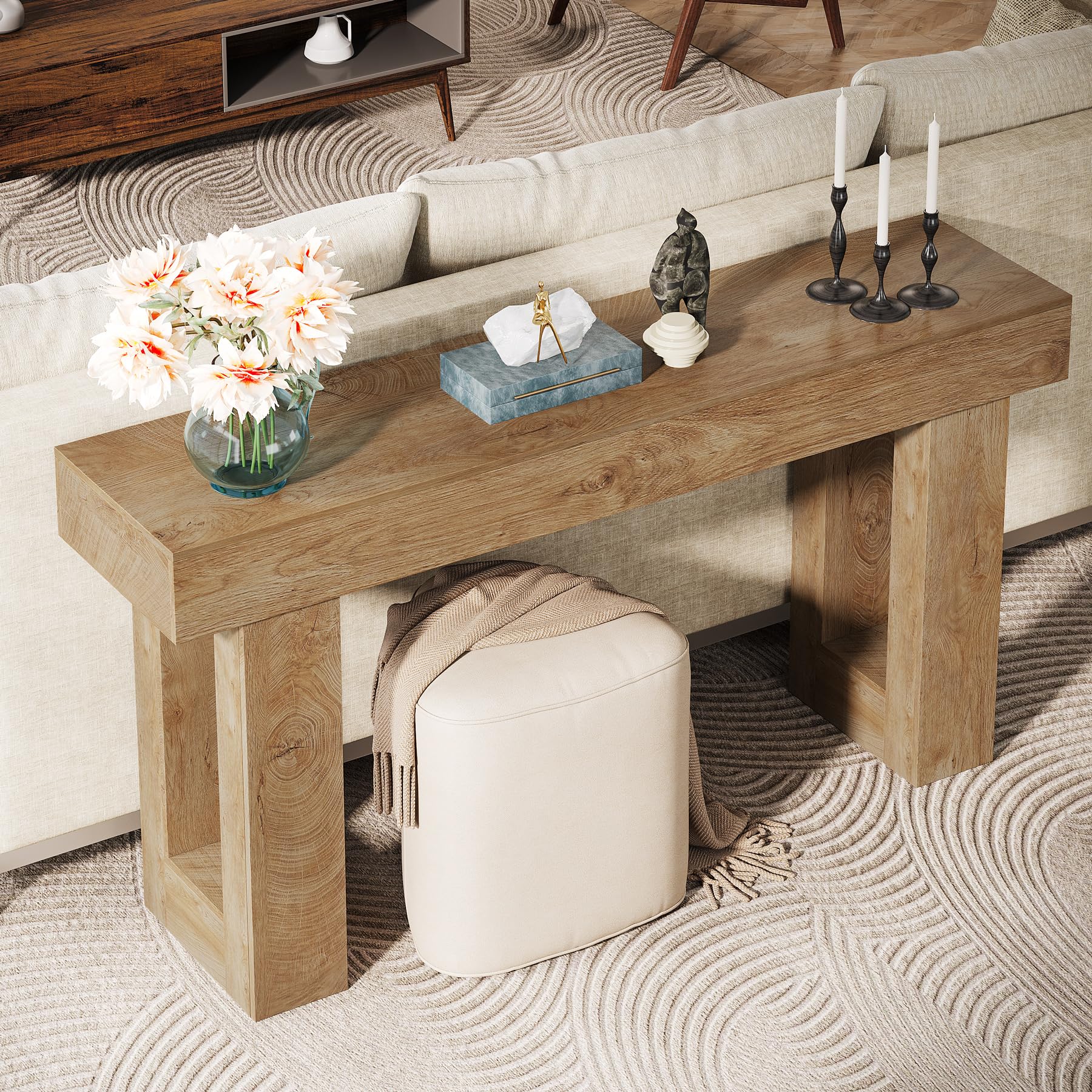 63" Long Wooden Console Table, Farmhouse Sofa Table for Entryway or Hallway, Rectangular Behind Couch Table, Natural