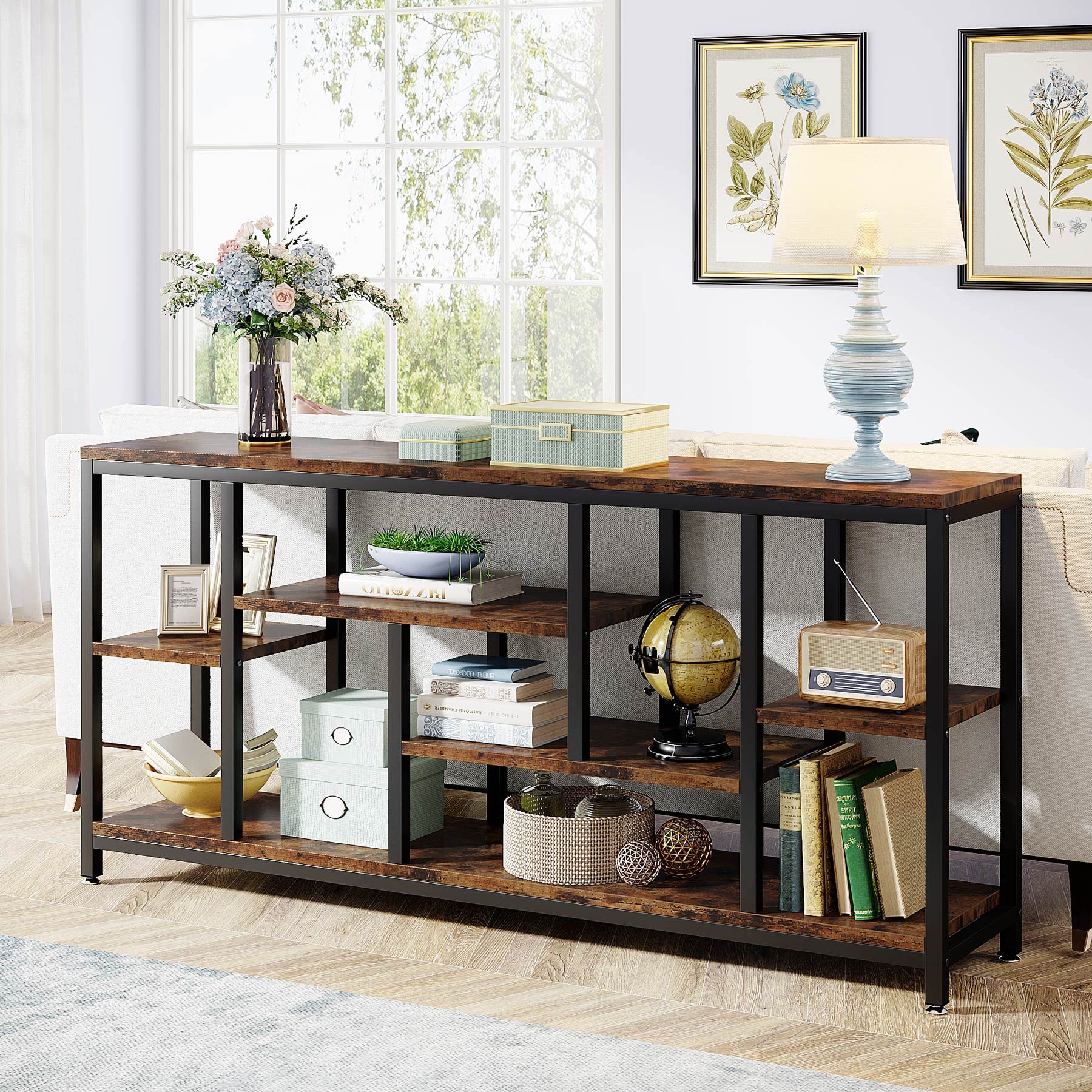 70.9" Industrial Console Table, 3-Tier Extra Long Sofa Table with Storage for Hallway, Living Room, Rustic Brown