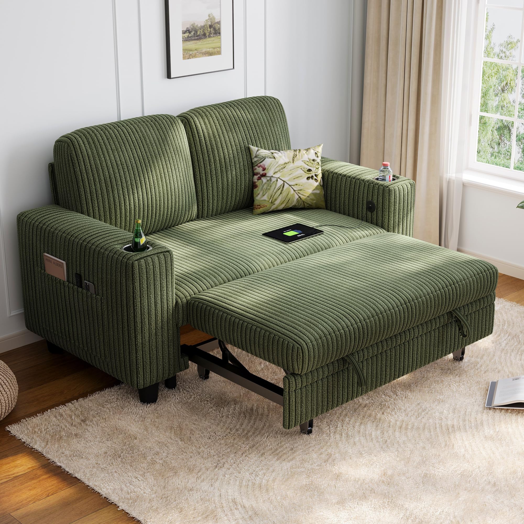 Pull Out Loveseat Sofa – Green Convertible Couch Chaise with USB Ports & Cup Holders, Plush Corduroy Sofa for Small Spaces
