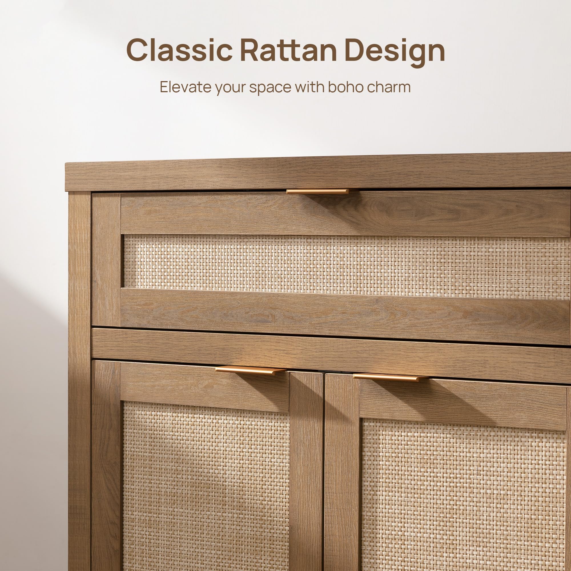 Sideboard Buffet Cabinet Set of 2, Natural Oak Rattan Storage Credenza with Drawer, Boho Coffee Bar for Entryway Living Room