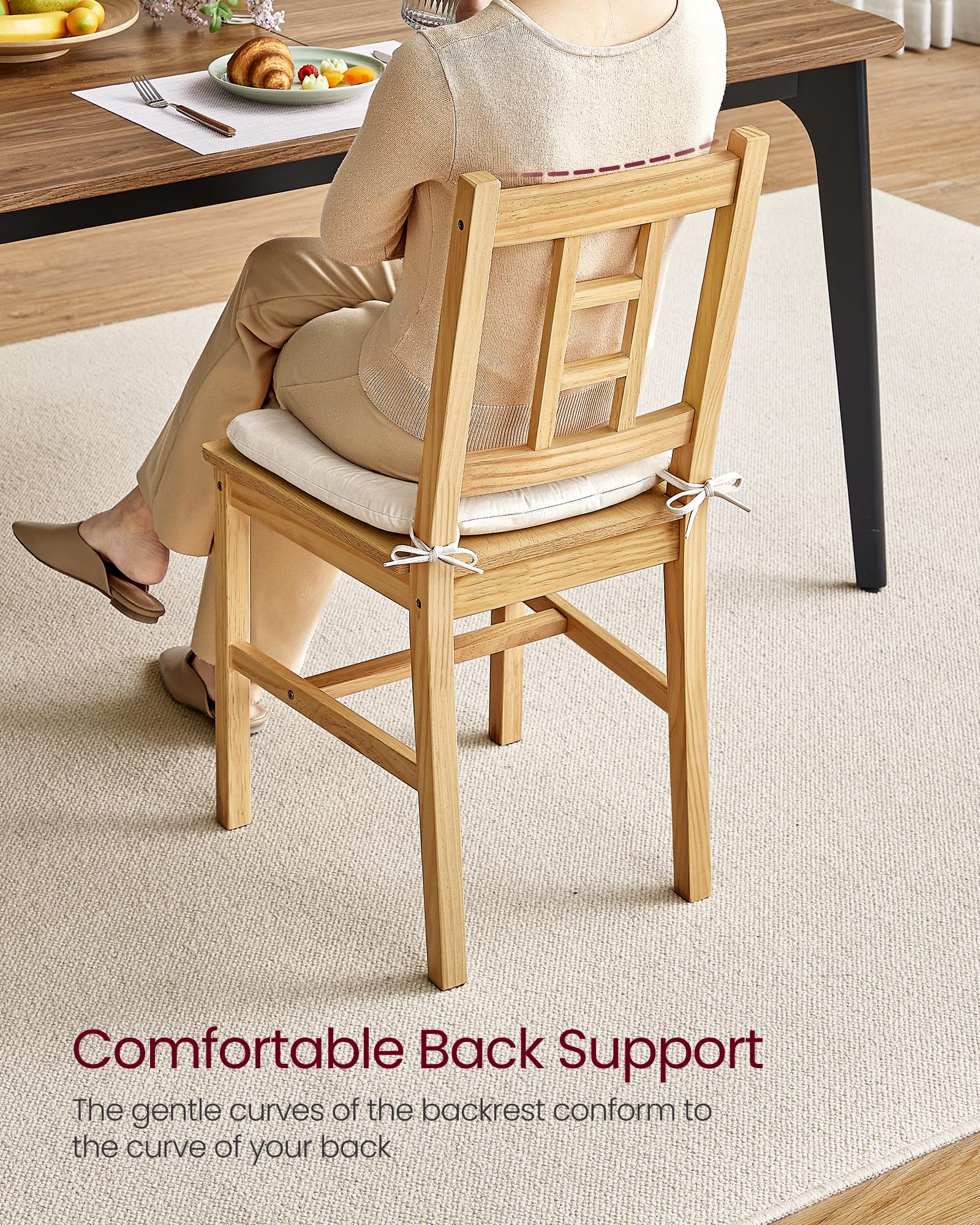 Set of 2 Wooden Dining Chairs, Golden Oak Kitchen Side Chairs with Curved Back & Removable Cushions