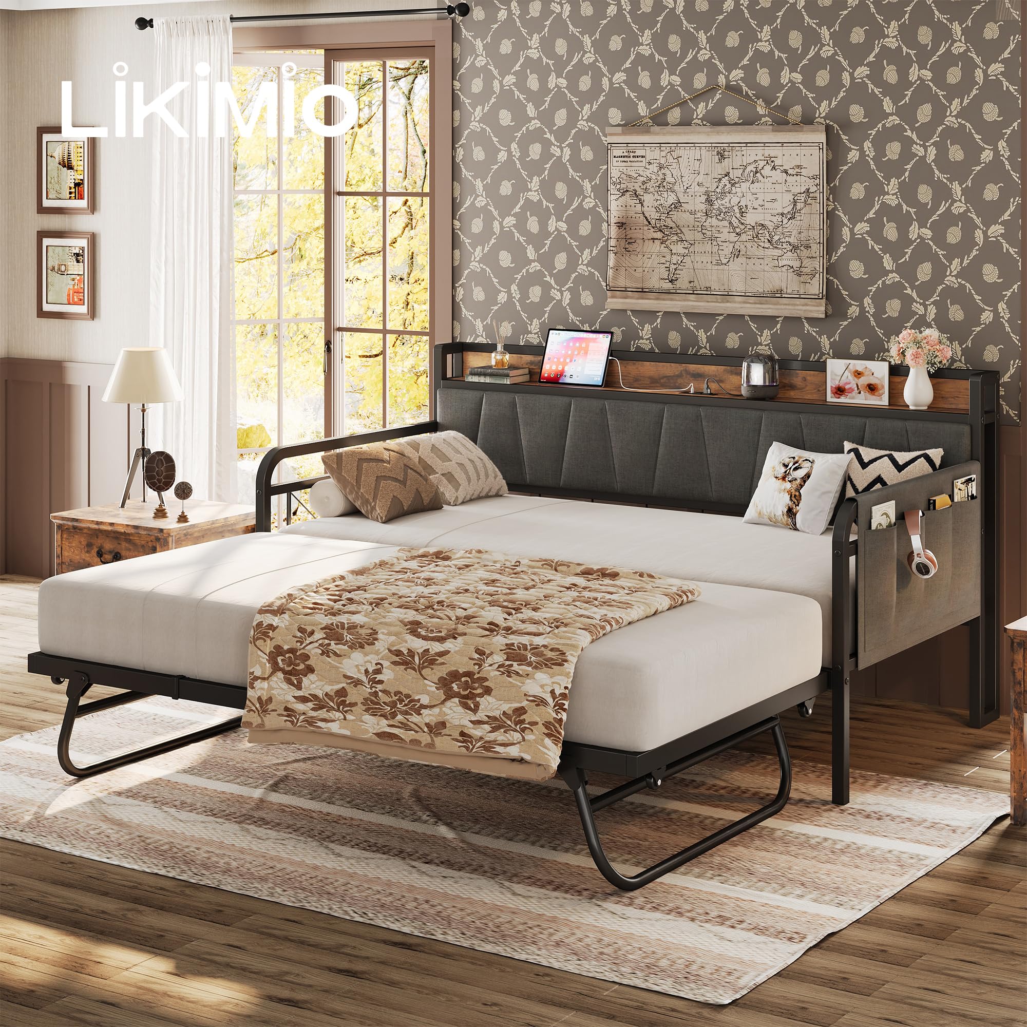 Grey Daybed with Trundle – Twin Sofa Bed with Storage Headboard & Charging Station for Bedroom or Guest Room