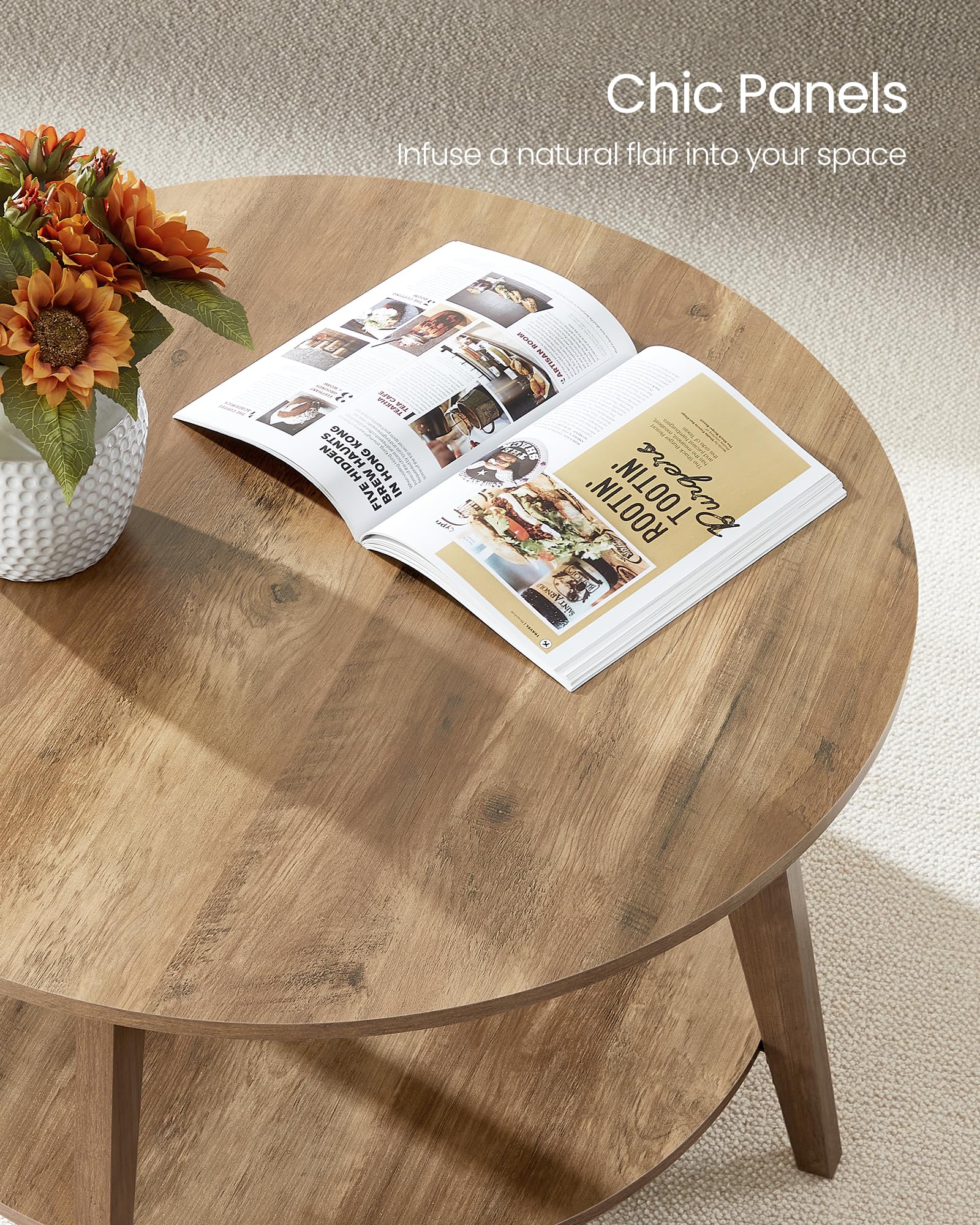 Round Coffee Table, 31.5" 2-Tier Living Room Table with Storage Shelf, Honey Brown Finish, ULCT243K41