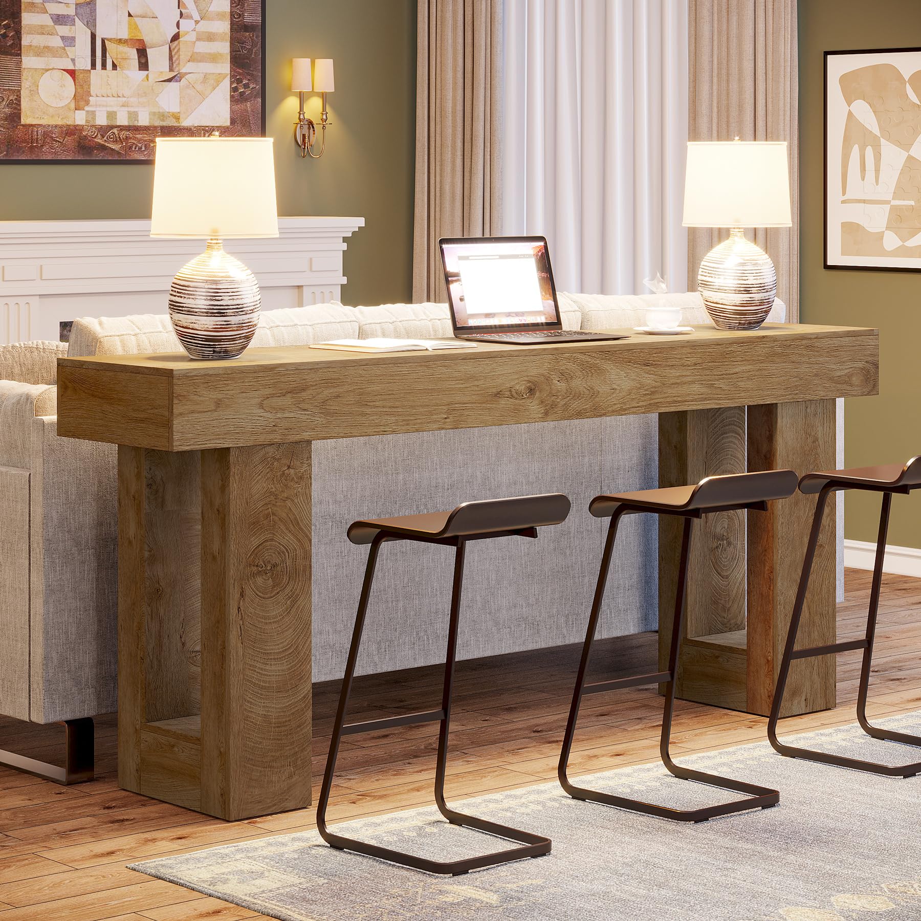 63" Long Wooden Console Table, Farmhouse Sofa Table for Entryway or Hallway, Rectangular Behind Couch Table, Natural