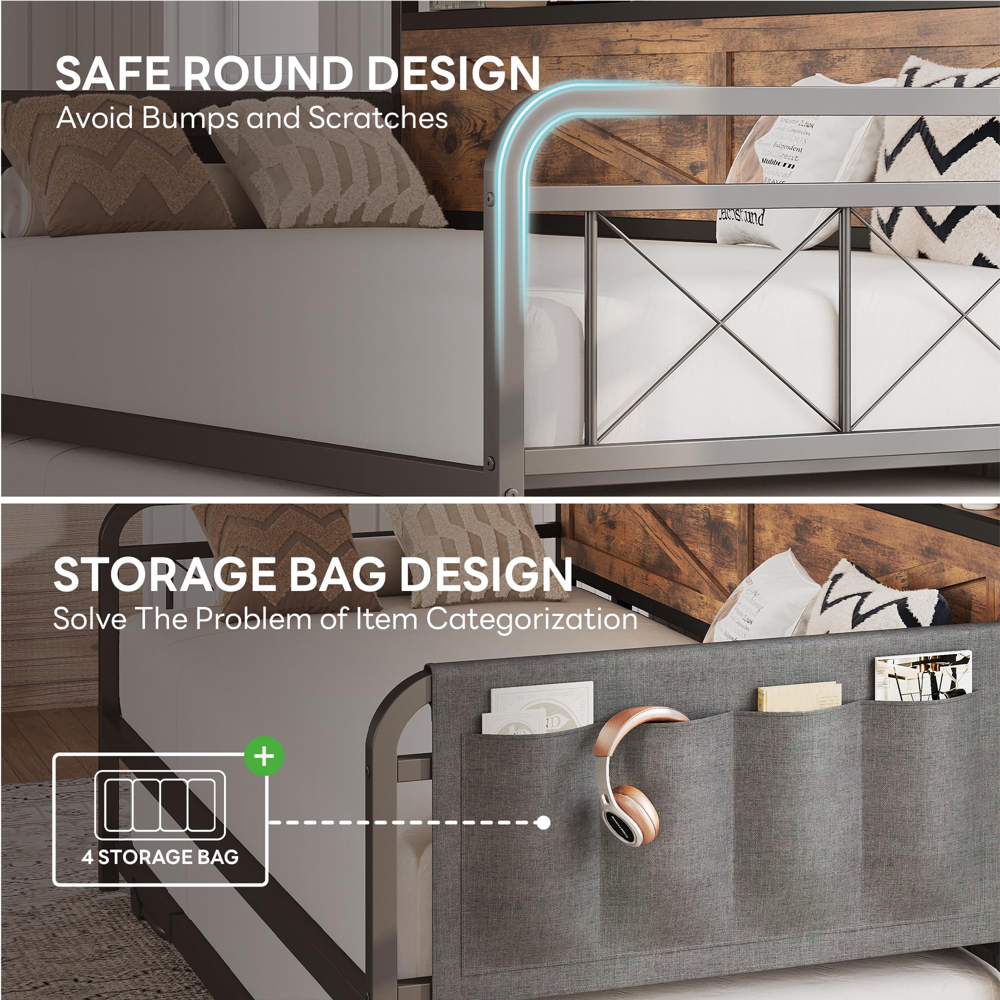 Twin Daybed with Trundle – Brown Industrial Sofa Bed with Storage Headboard & Charging Station for Bedroom or Guest Room