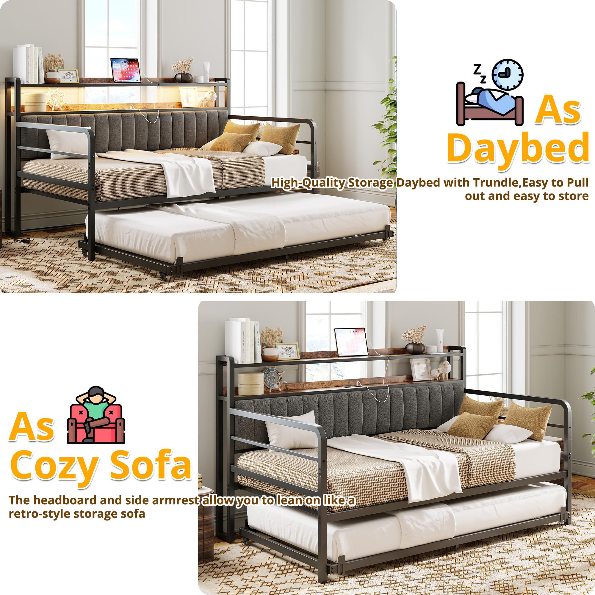 Twin Daybed with Trundle – Upholstered Frame with LED Lights, Charging Station & Storage Shelves, Black Metal