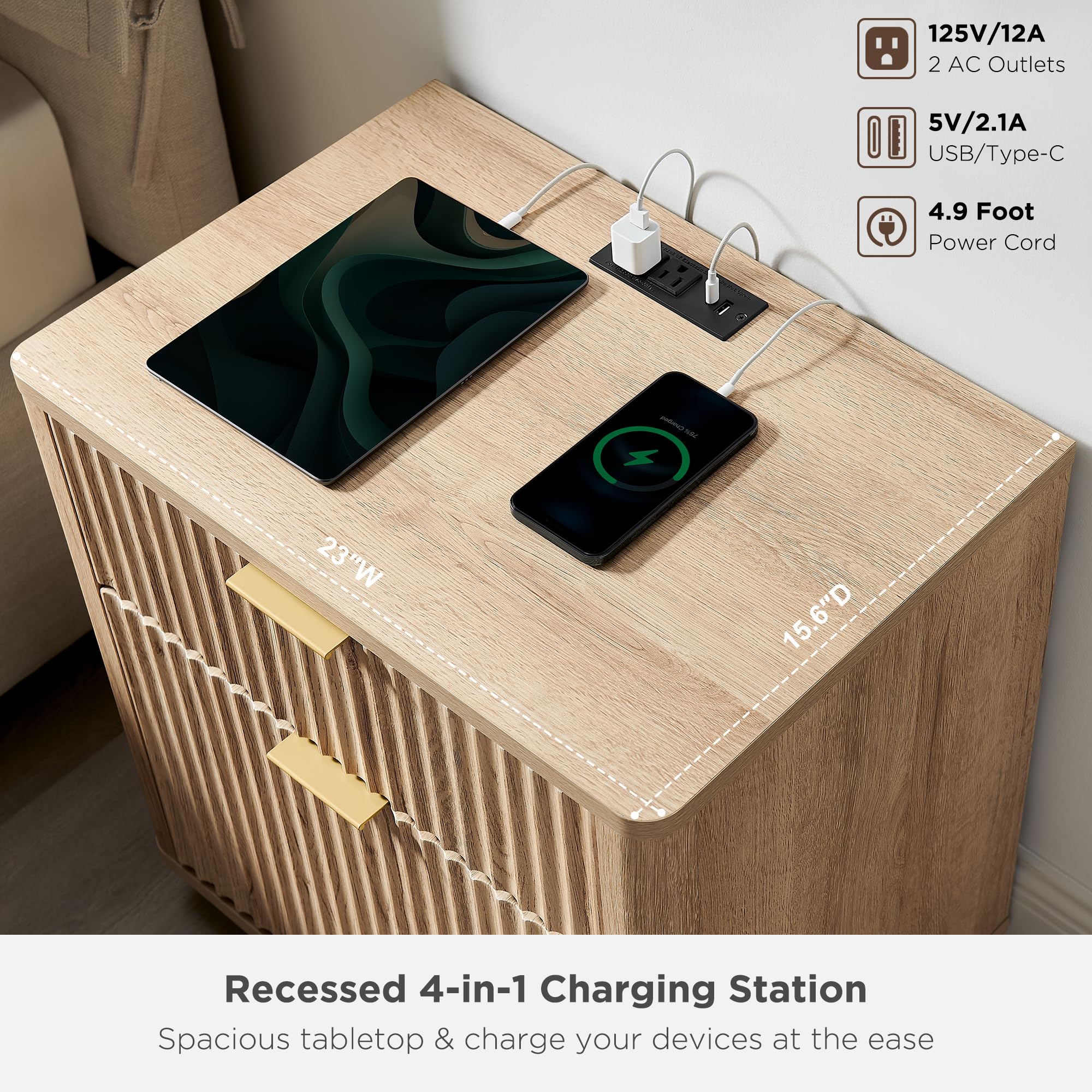 23'' Natural Oak Fluted Nightstand with Charging Station, 2-Drawer Modern End Table for Bedroom