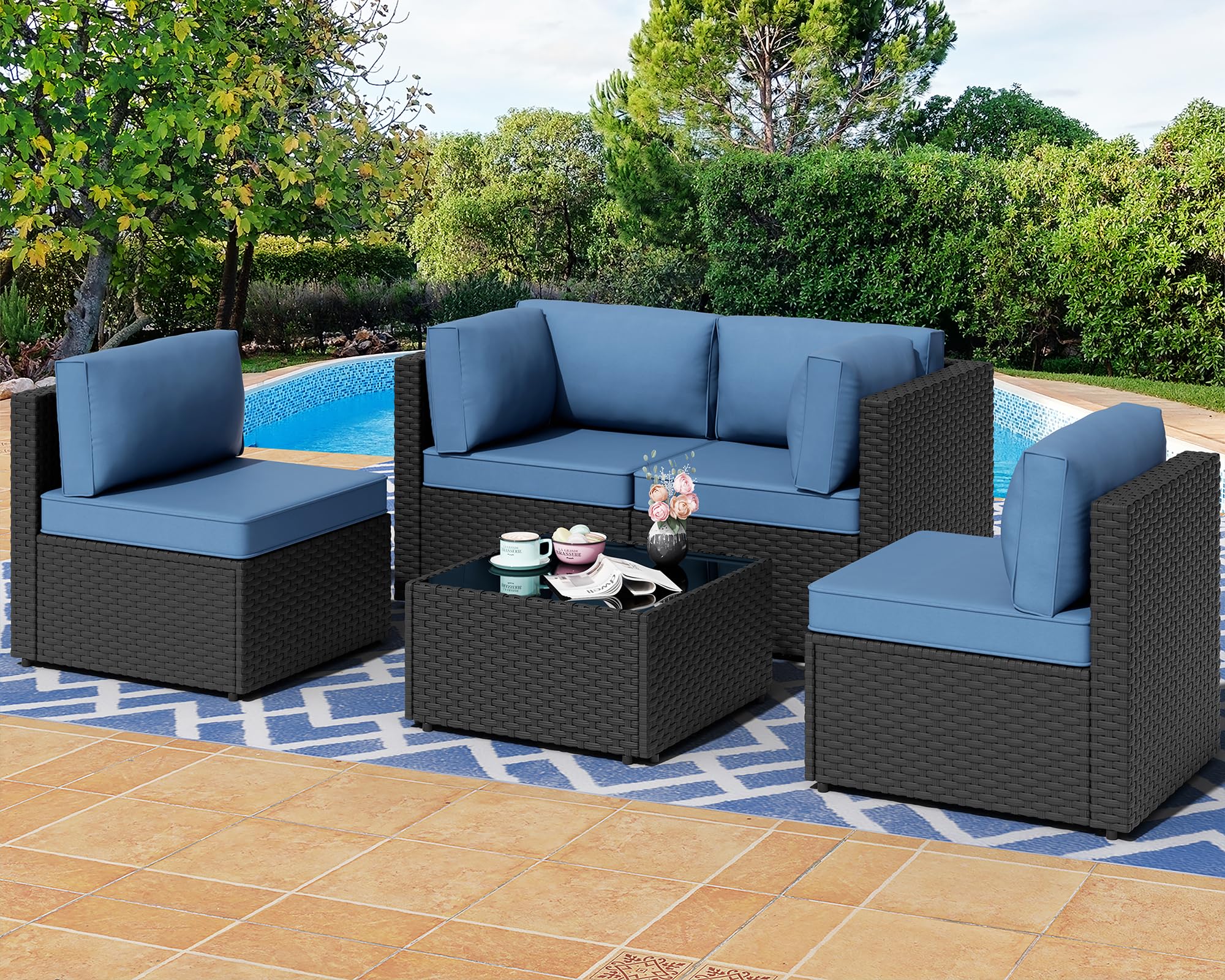 5-Piece Patio Sectional Sofa Set – Aegean Blue Wicker Furniture with Cushions & Glass Table for Backyard or Garden