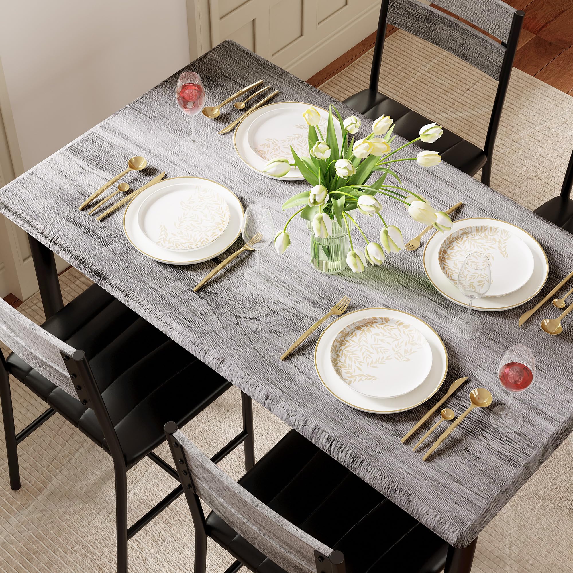 Dining Table Set for 4, Grey Upholstered Chairs with Wood Kitchen Table for Small Dining Room Spaces