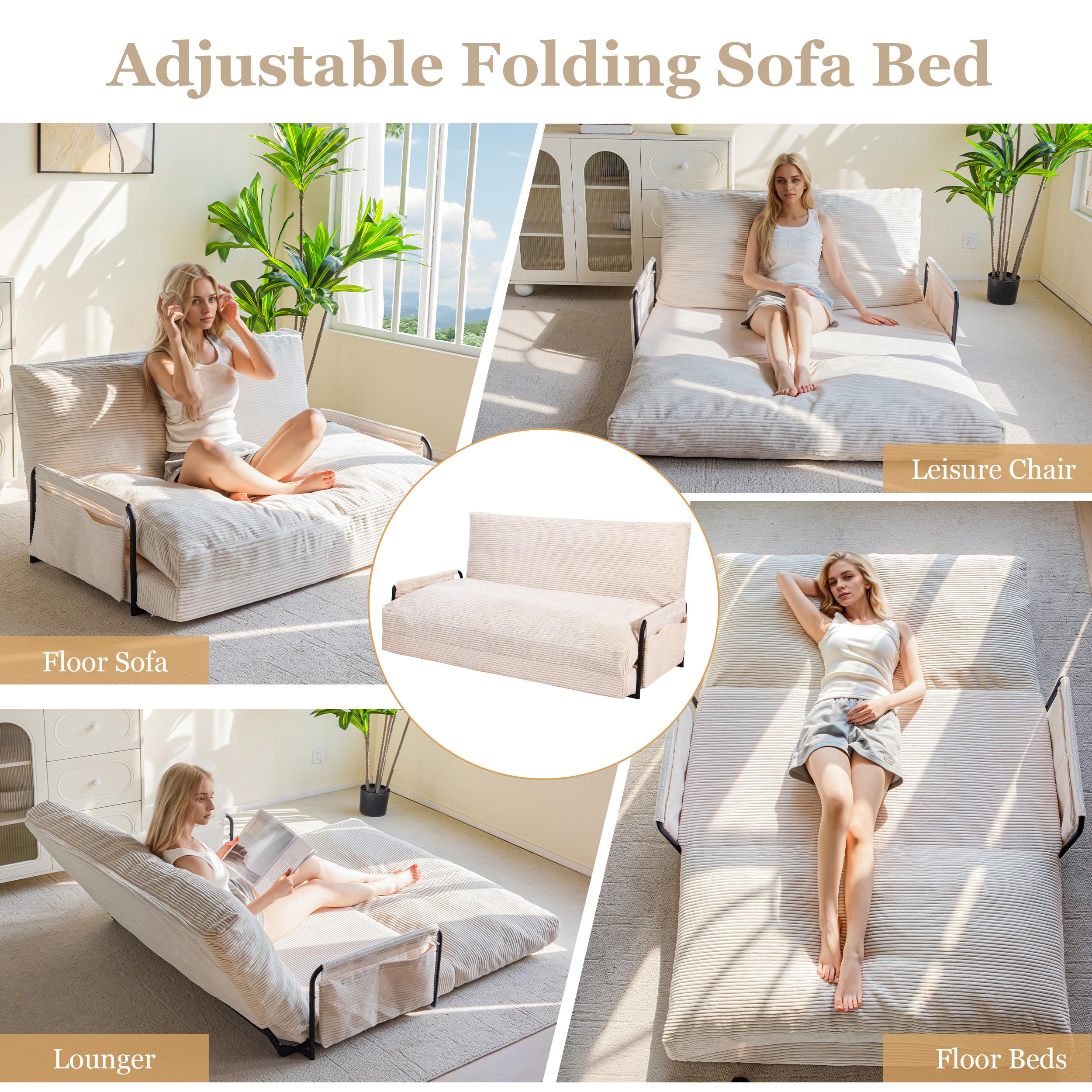 Convertible Lazy Floor Sofa Bed, 5-Position Sleeper Chair with Armrests for Reading, Gaming & Lounging