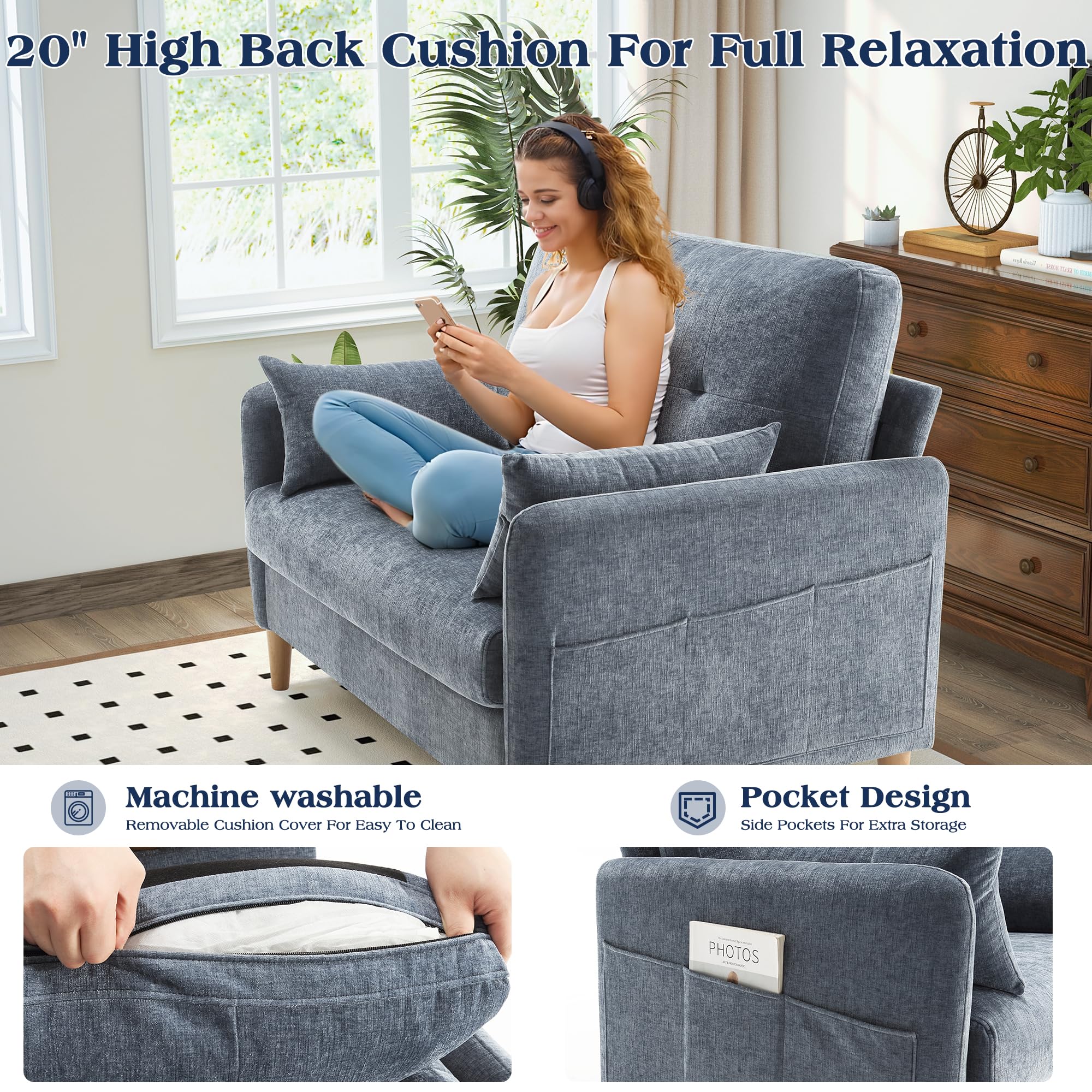 47" Loveseat Sofa – Small Chenille Couch with Removable Cushion Cover & Throw Pillow for Bedroom or Apartment