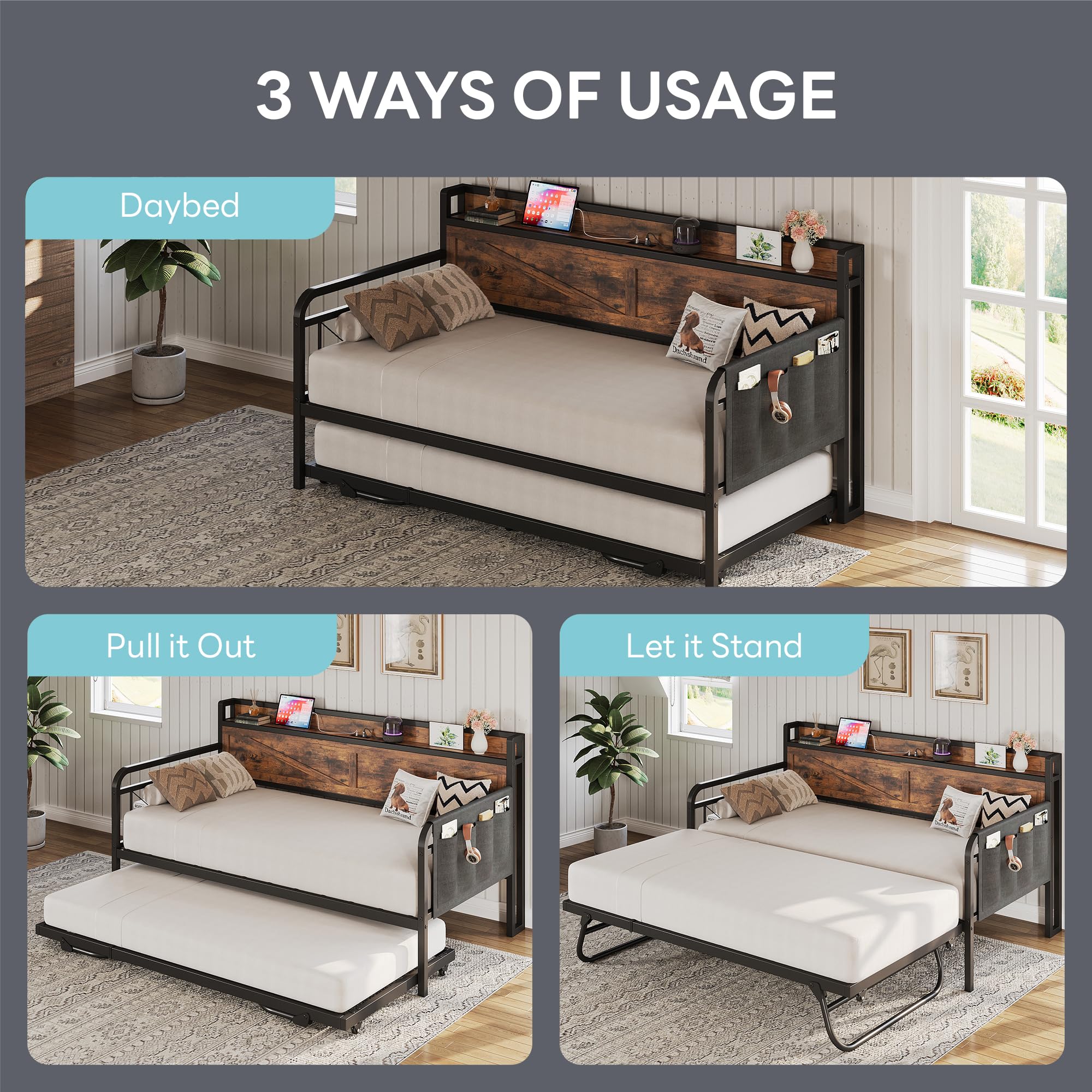 Twin Daybed with Trundle – Brown Industrial Sofa Bed with Storage Headboard & Charging Station for Bedroom or Guest Room