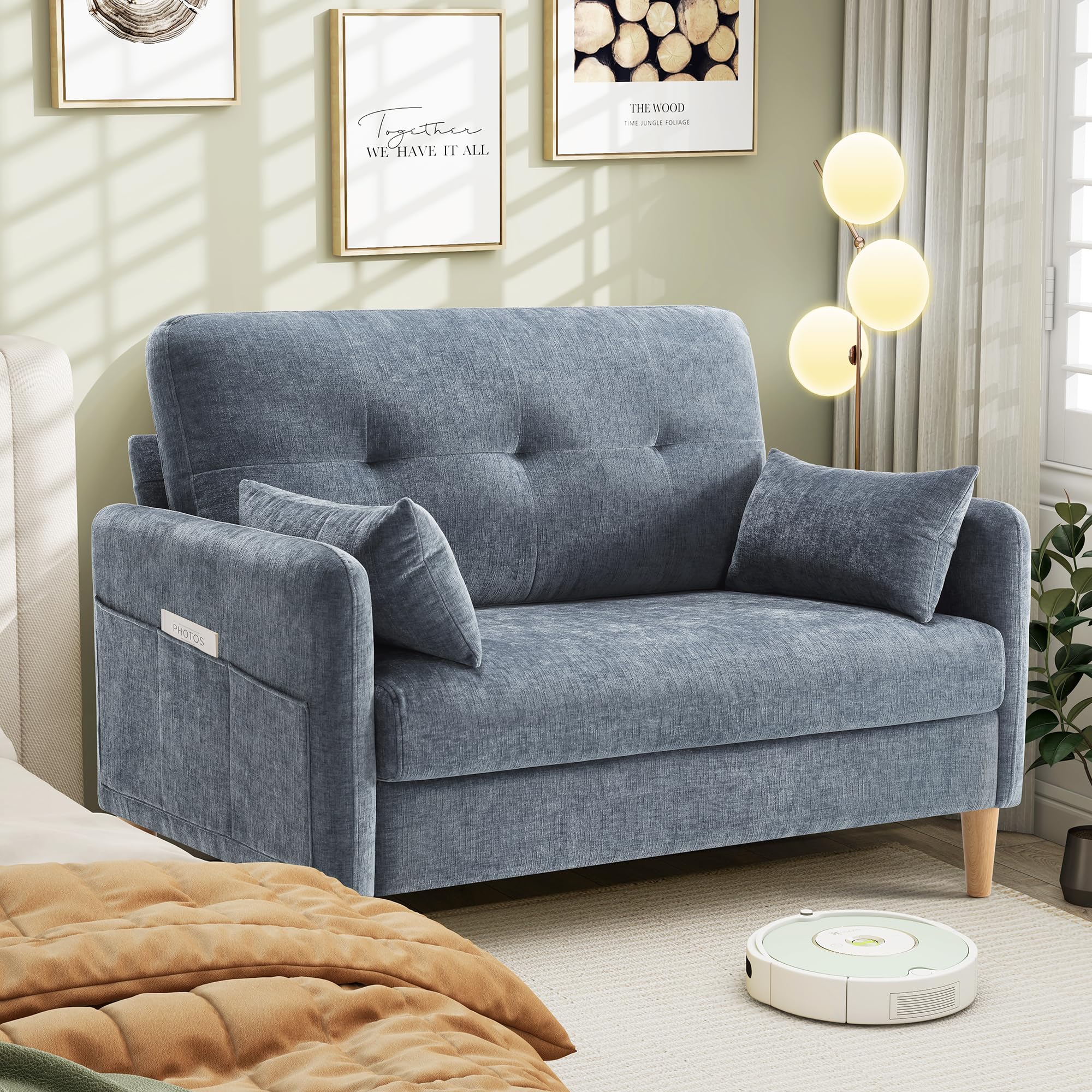 47" Loveseat Sofa – Small Chenille Couch with Removable Cushion Cover & Throw Pillow for Bedroom or Apartment