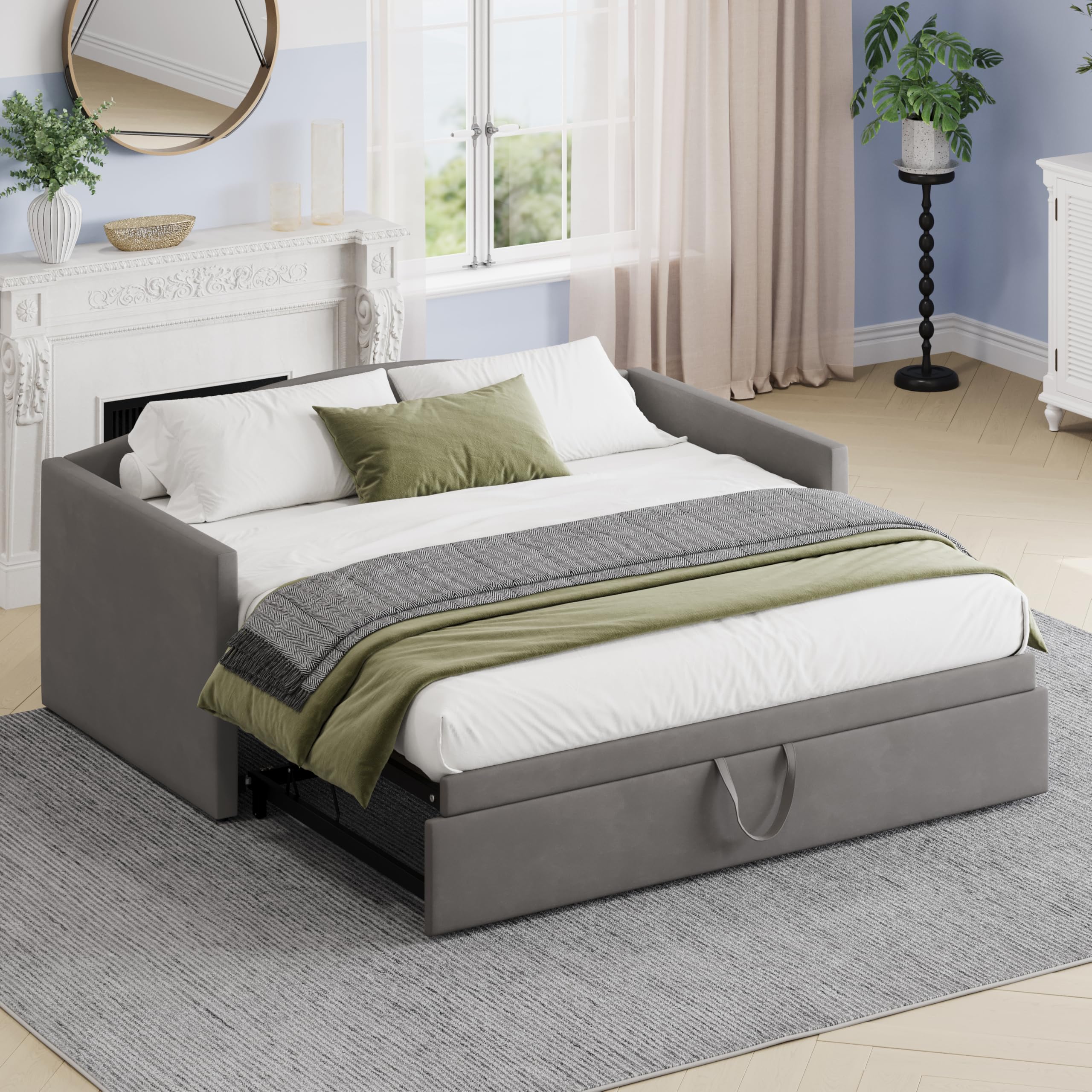 Velvet Twin Daybed – Grey Upholstered Frame with Pop-Up Trundle, Space-Saving Design for Guest Room