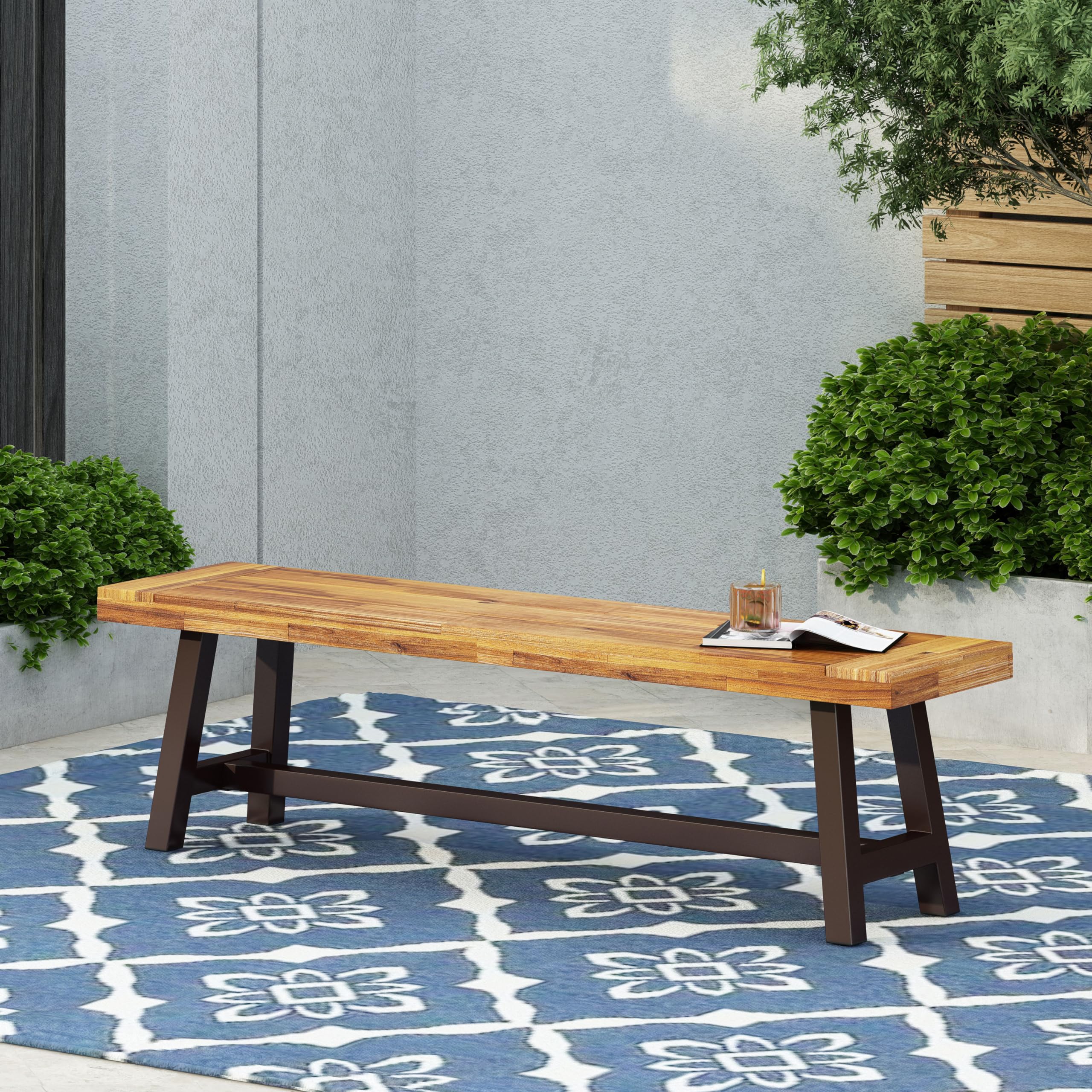 Carlisle Acacia Wood Outdoor Bench, Rustic Metal Frame, Sandblast Finish Patio Bench 63"x17.5"