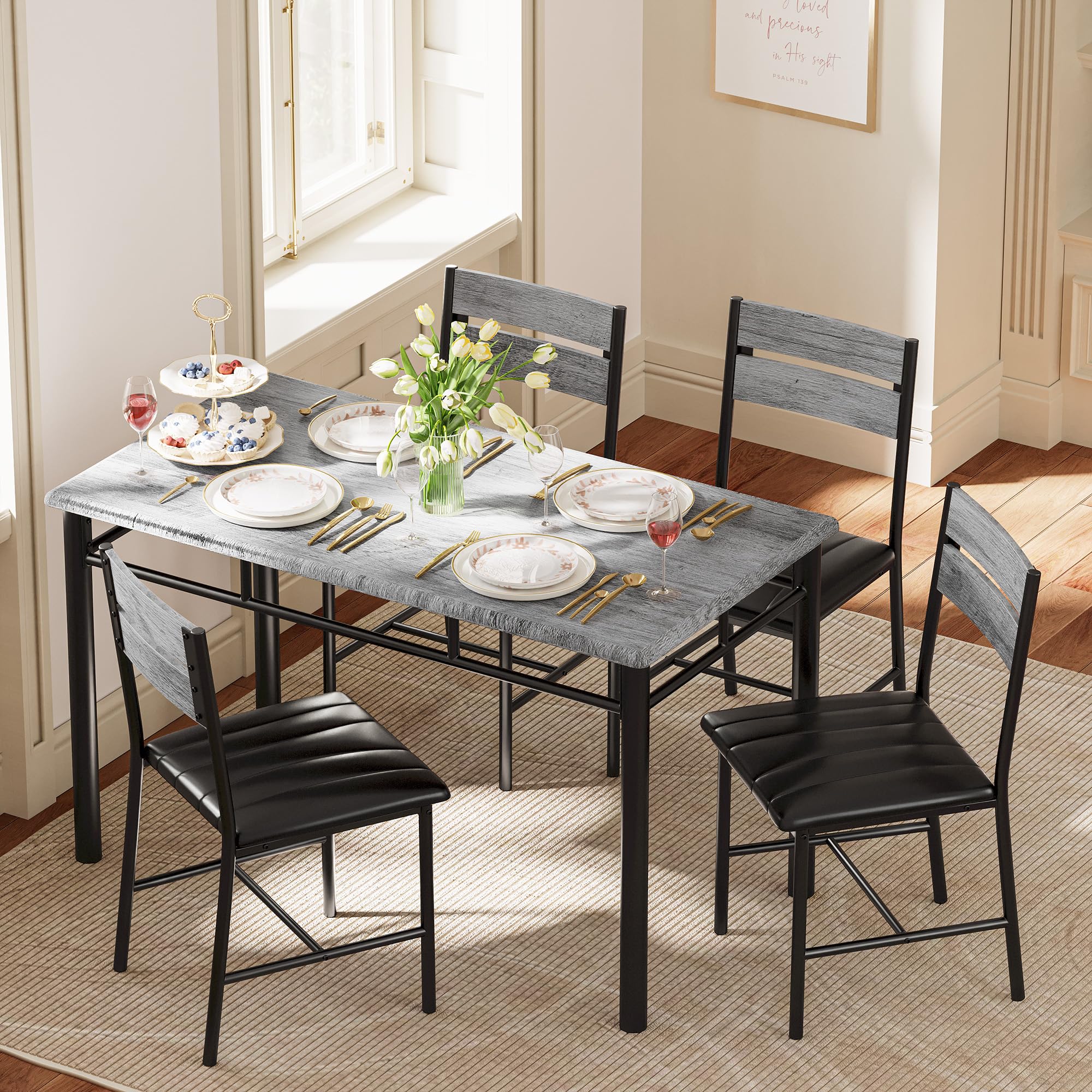 Dining Table Set for 4, Grey Upholstered Chairs with Wood Kitchen Table for Small Dining Room Spaces