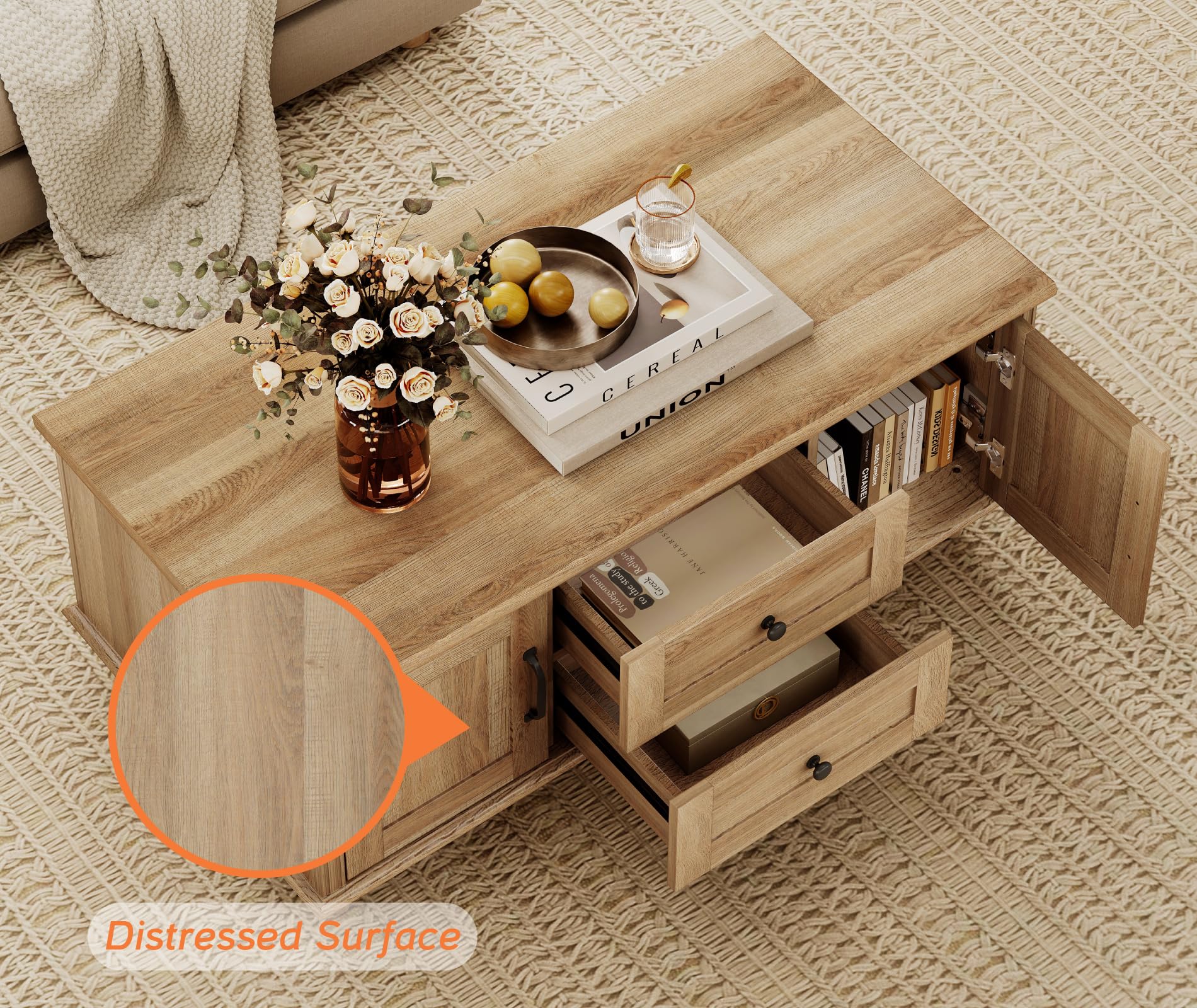 Farmhouse Coffee Table with Storage Cabinet, Rustic Wooden Center Table with Drawers for Living Room, Oak Finish